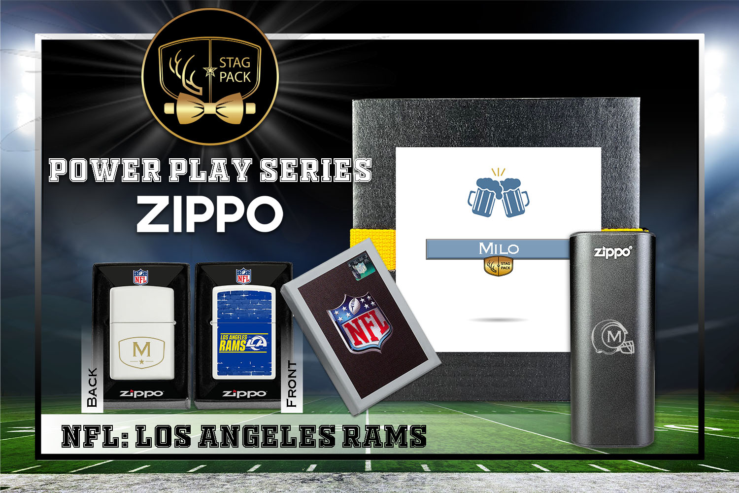 Custom Engraved Groomsmen Gift with NFL Zippo Windproof Lighter& Heatbank in a Personalized Gift Box.