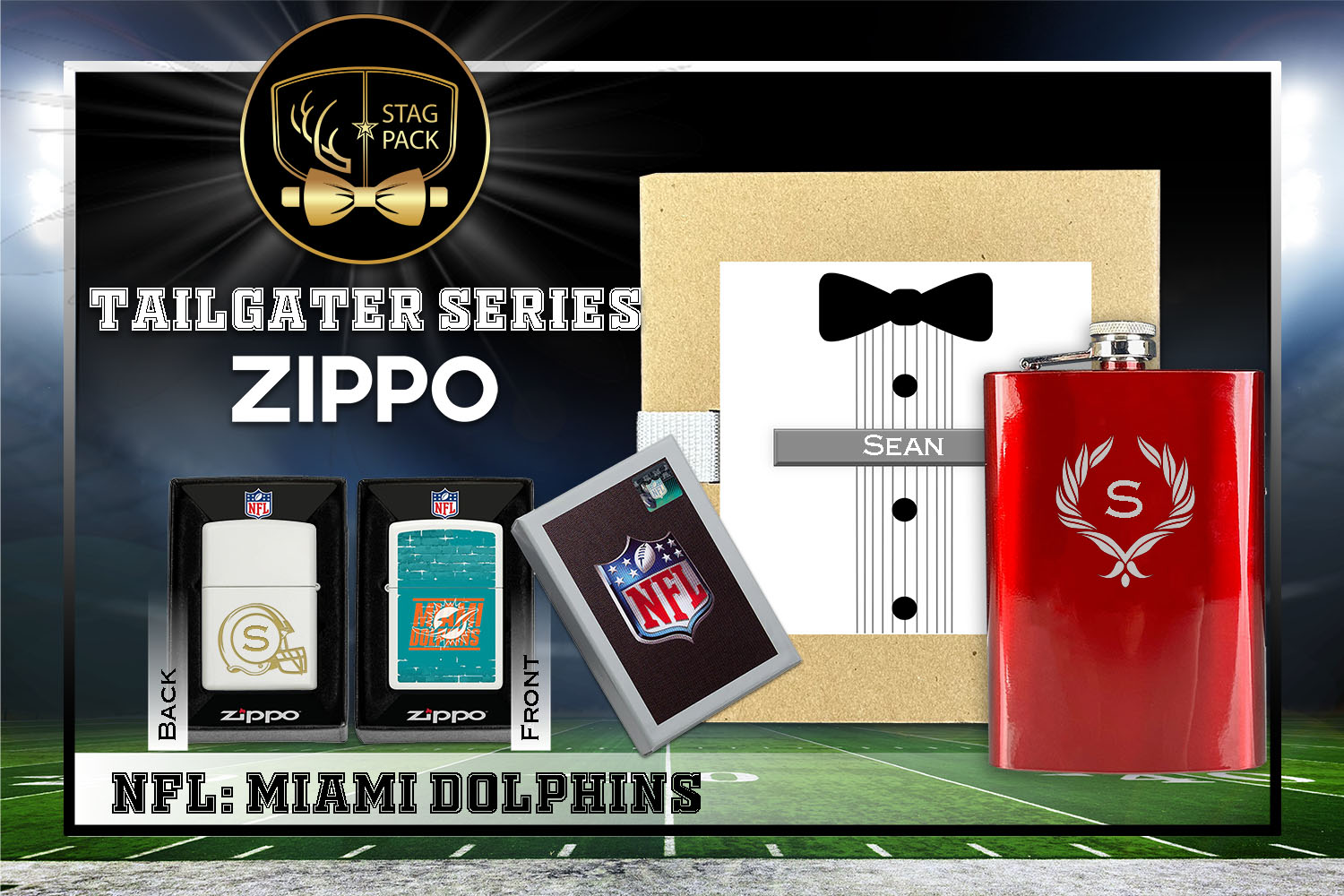 Custom Engraved Groomsmen Gift with Flask & Zippo Windproof Lighter in a Personalized Gift Box.
