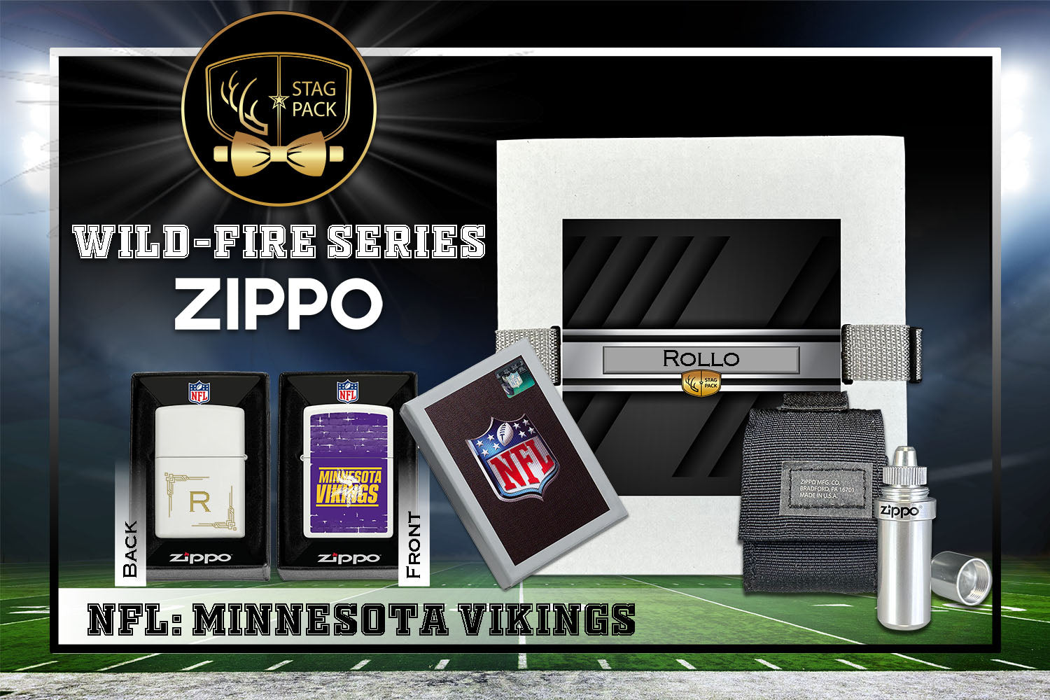 Custom Engraved Groomsmen Gift with NFL Windproof Zippo Lighter, a Fluid Canister and Pouch Gift-Pack in a Personalized Gift Box.