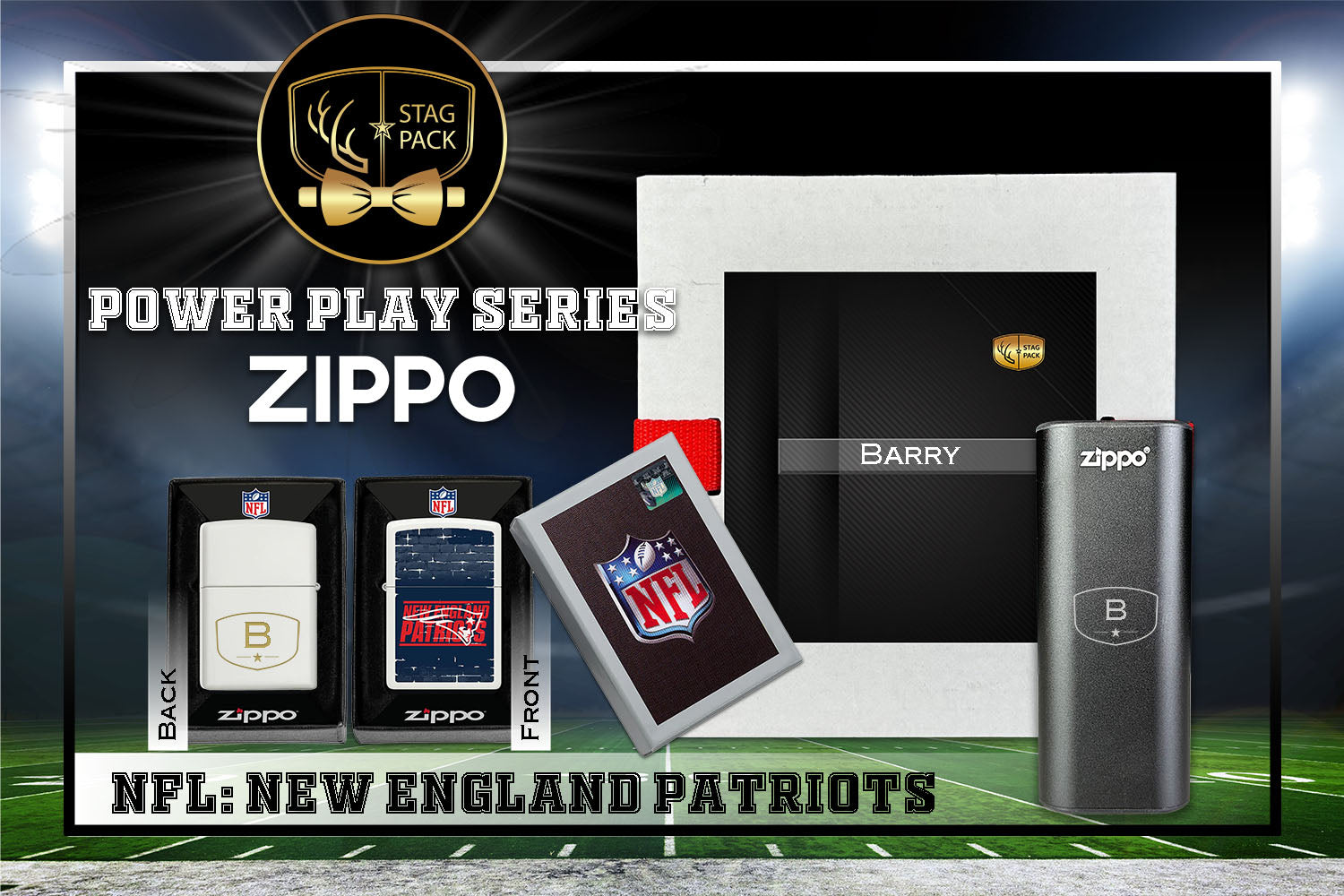 Custom Engraved Groomsmen Gift with NFL Zippo Windproof Lighter& Heatbank in a Personalized Gift Box.