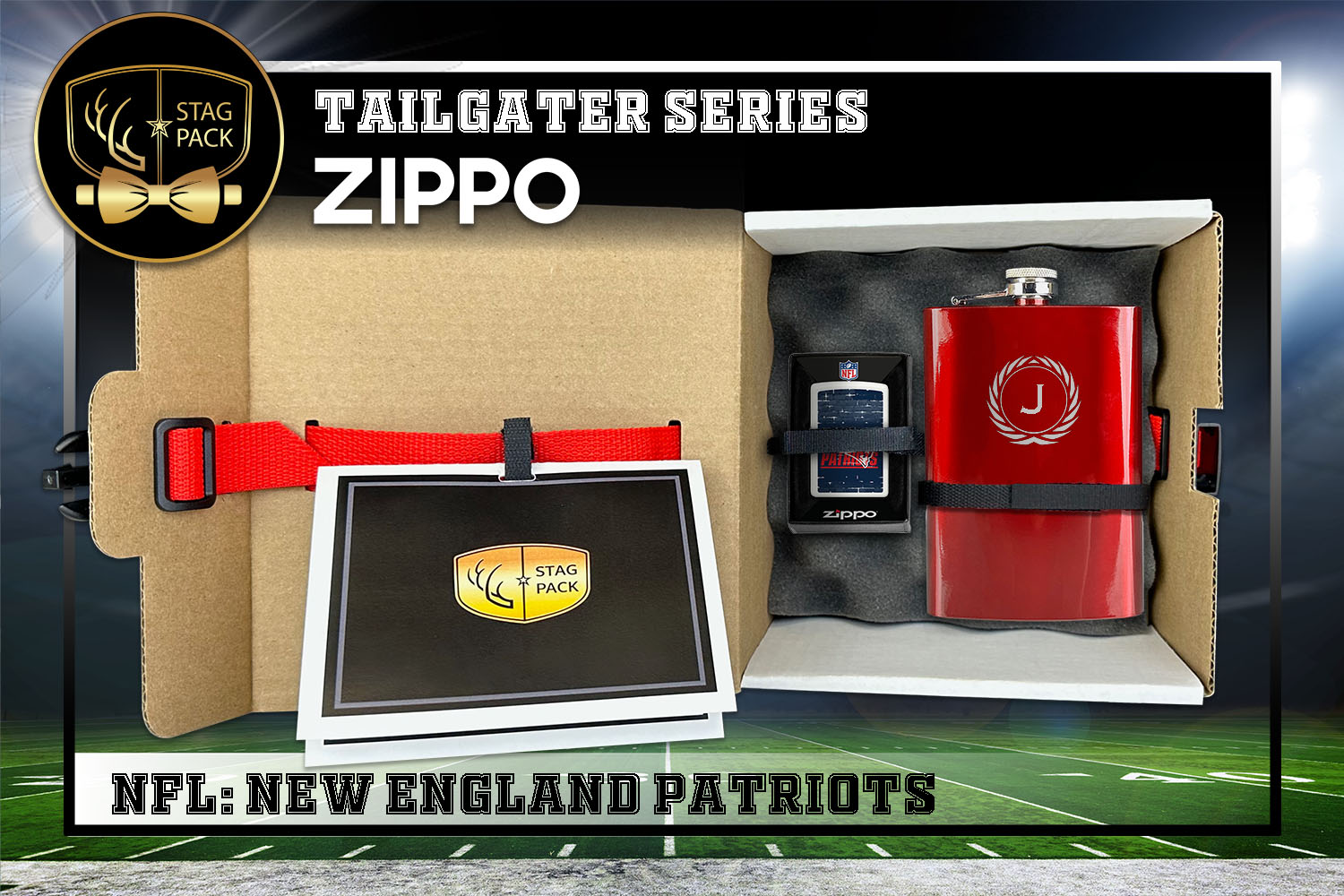 Custom Engraved Groomsmen Gift with Flask & Zippo packaged in a Personalized Gift Box with Message Card.