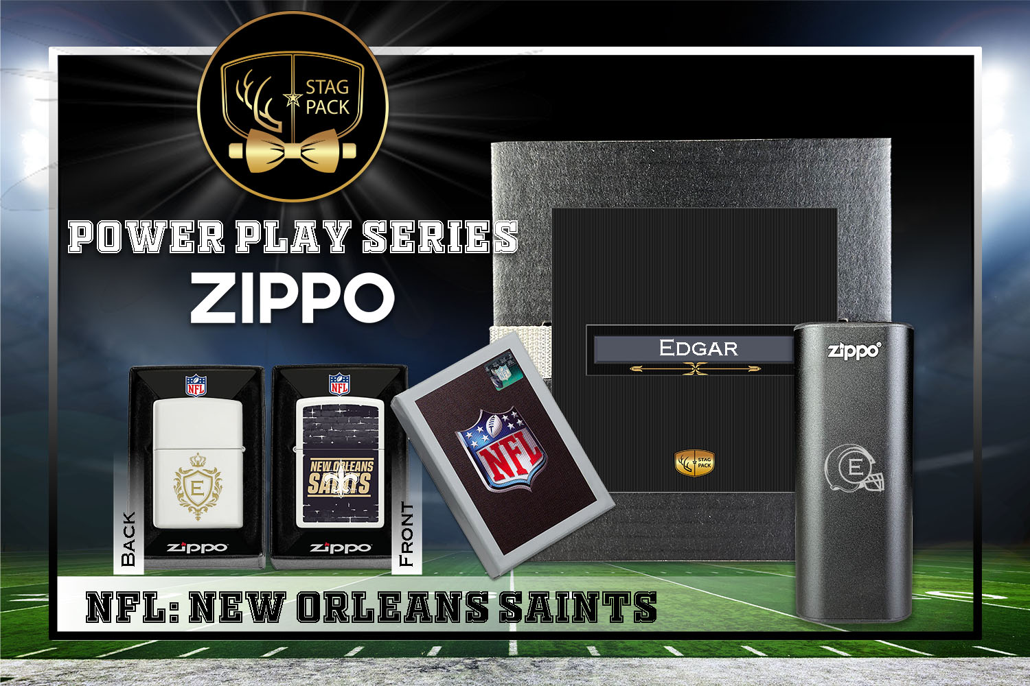 Custom Engraved Groomsmen Gift with NFL Zippo Windproof Lighter& Heatbank in a Personalized Gift Box.