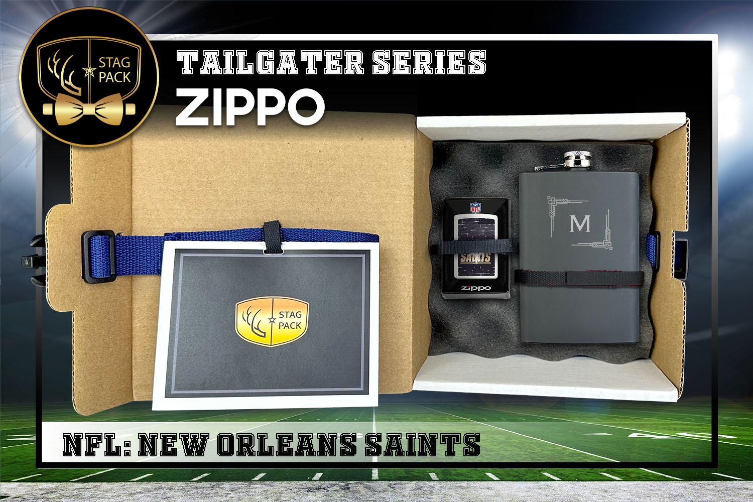 Custom Engraved Groomsmen Gift with Flask & Zippo packaged in a Personalized Gift Box with Message Card.