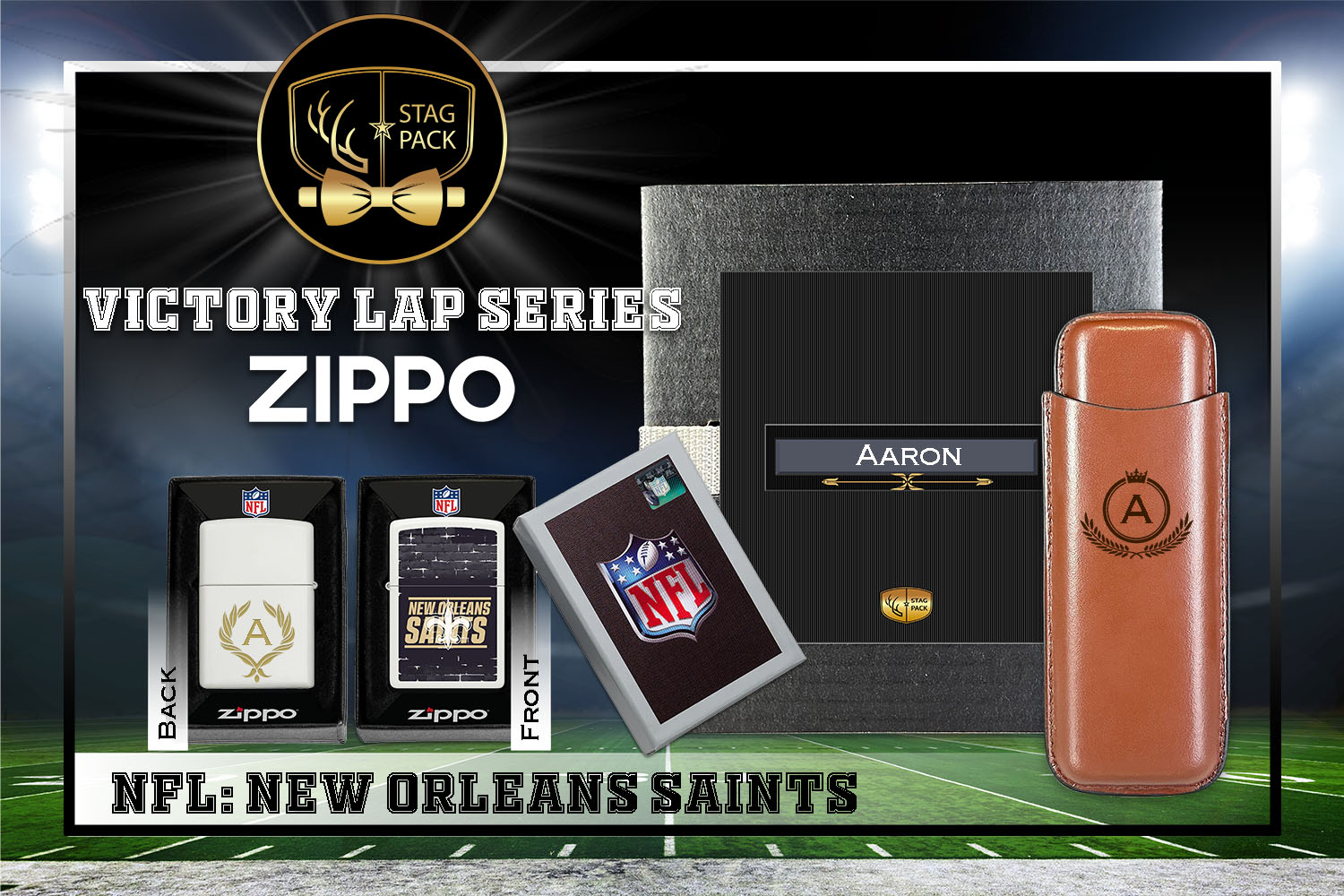 Custom Engraved Groomsmen Gift with Dual Sleeve Leather Cigar Case & Zippo Windproof Lighter in a Personalized Gift Box.