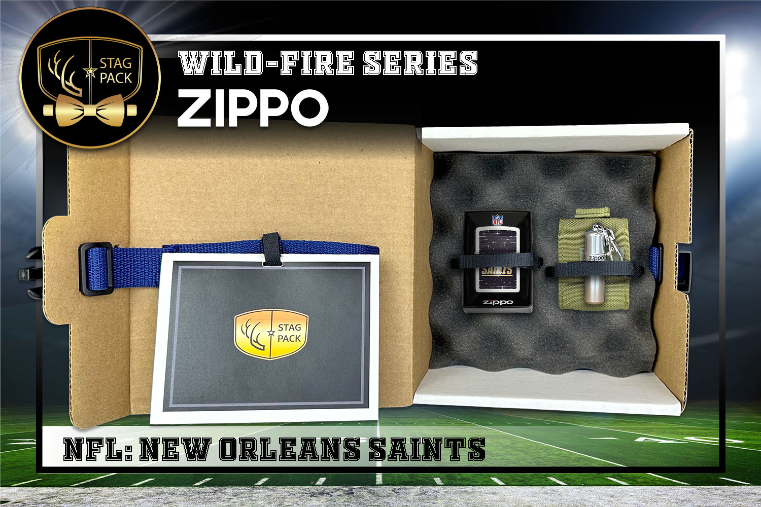 Custom Engraved Groomsmen Gift with NFL Windproof Zippo Lighter, a Fluid Canister and Pouch packaged in a Personalized Gift Box with a Message Card.