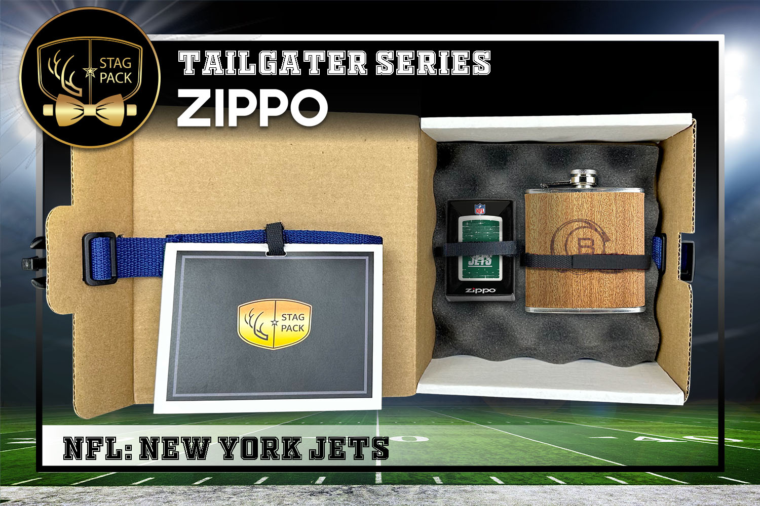 Custom Engraved Groomsmen Gift with Flask & Zippo packaged in a Personalized Gift Box with Message Card.