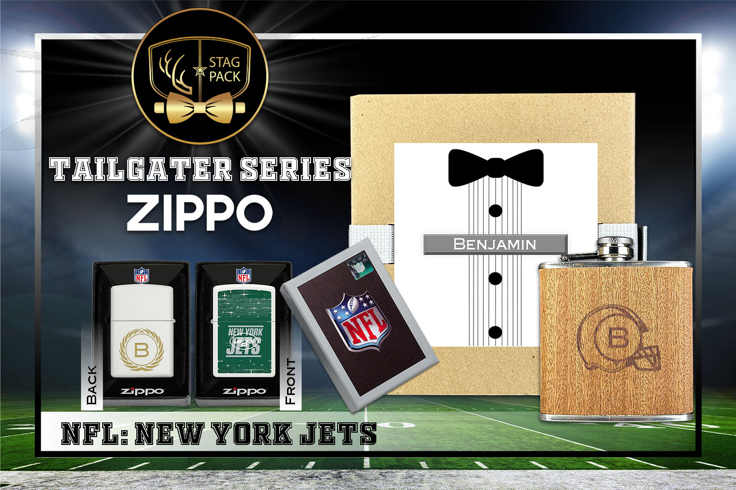 Custom Engraved Groomsmen Gift with Flask & Zippo Windproof Lighter in a Personalized Gift Box.