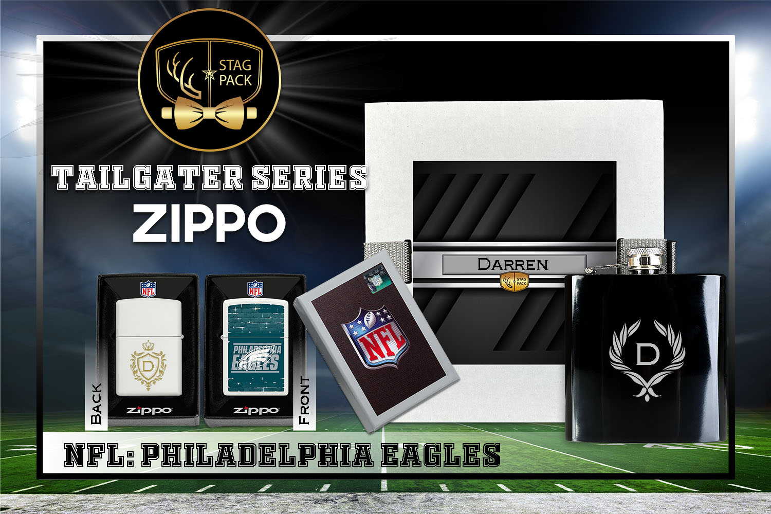 Custom Engraved Groomsmen Gift with Flask & Zippo Windproof Lighter in a Personalized Gift Box.