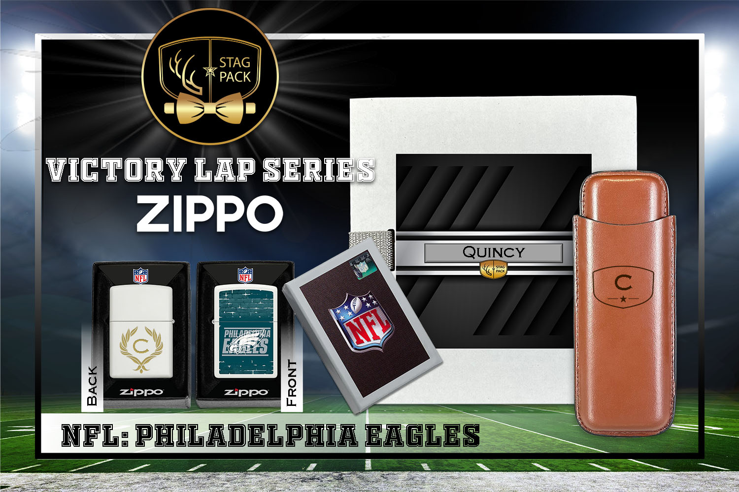 Custom Engraved Groomsmen Gift with Dual Sleeve Leather Cigar Case & Zippo Windproof Lighter in a Personalized Gift Box.