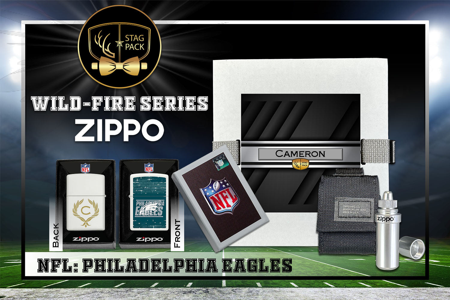 Custom Engraved Groomsmen Gift with NFL Windproof Zippo Lighter, a Fluid Canister and Pouch Gift-Pack in a Personalized Gift Box.