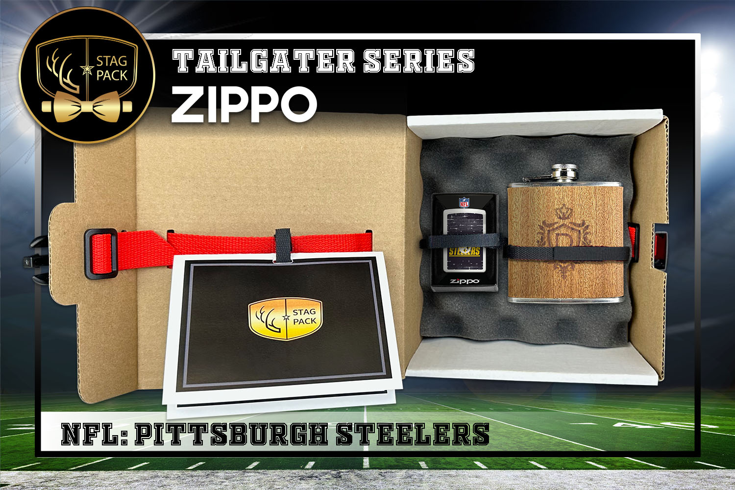 Custom Engraved Groomsmen Gift with Flask & Zippo packaged in a Personalized Gift Box with Message Card.