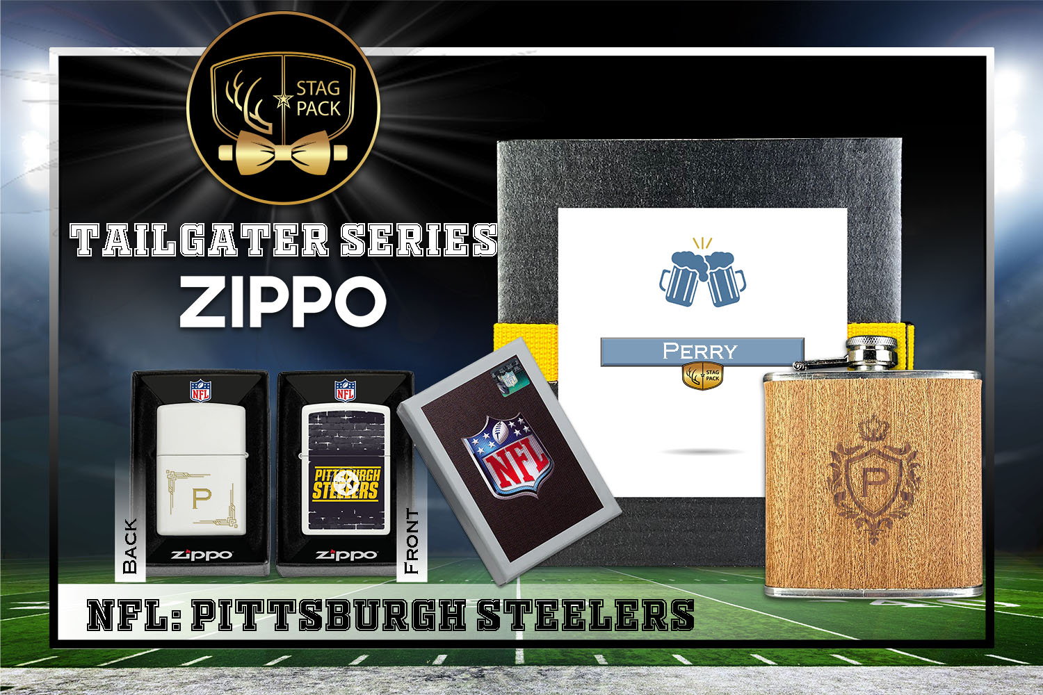Custom Engraved Groomsmen Gift with Flask & Zippo Windproof Lighter in a Personalized Gift Box.