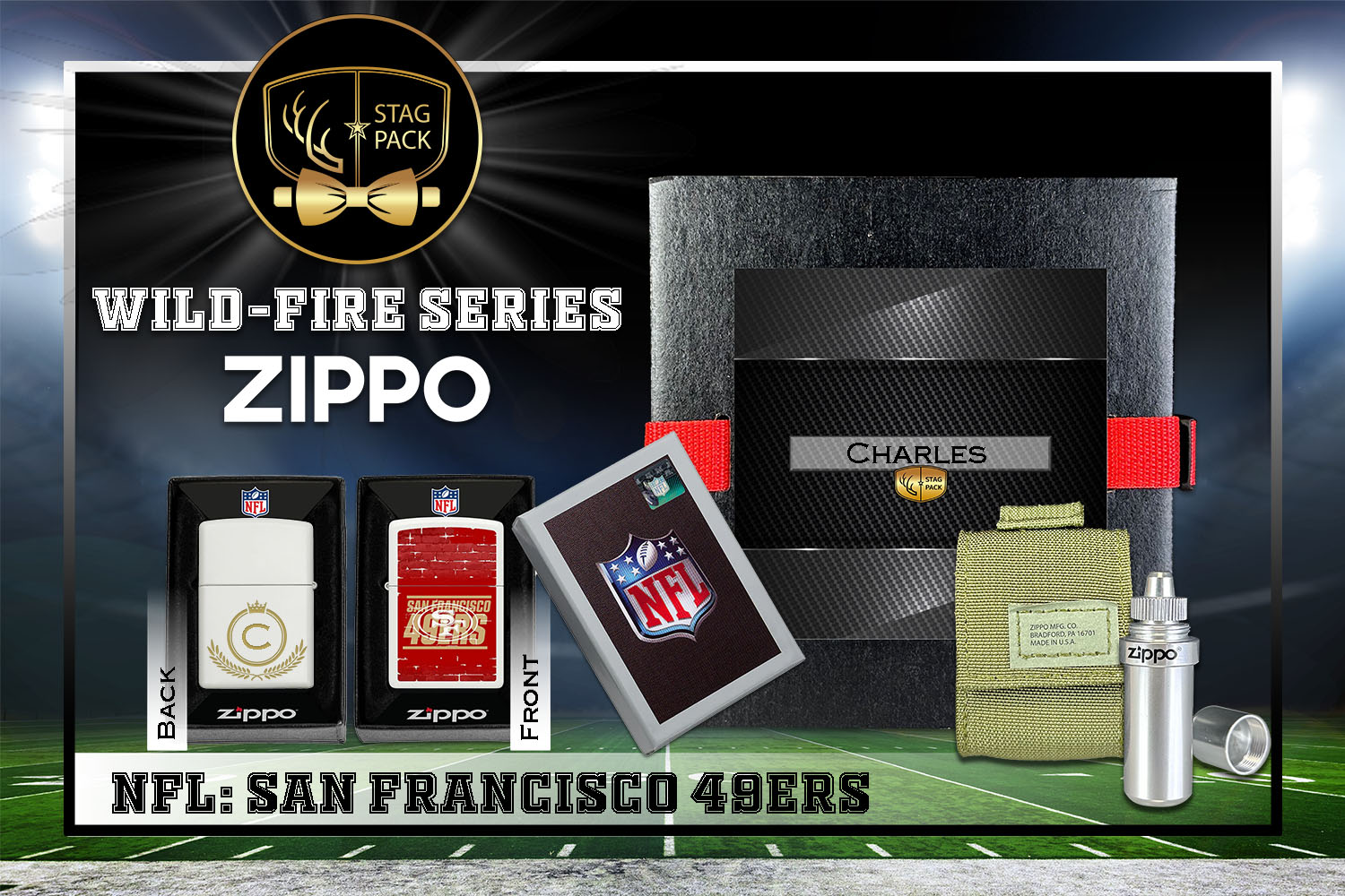 Custom Engraved Groomsmen Gift with NFL Windproof Zippo Lighter, a Fluid Canister and Pouch Gift-Pack in a Personalized Gift Box.