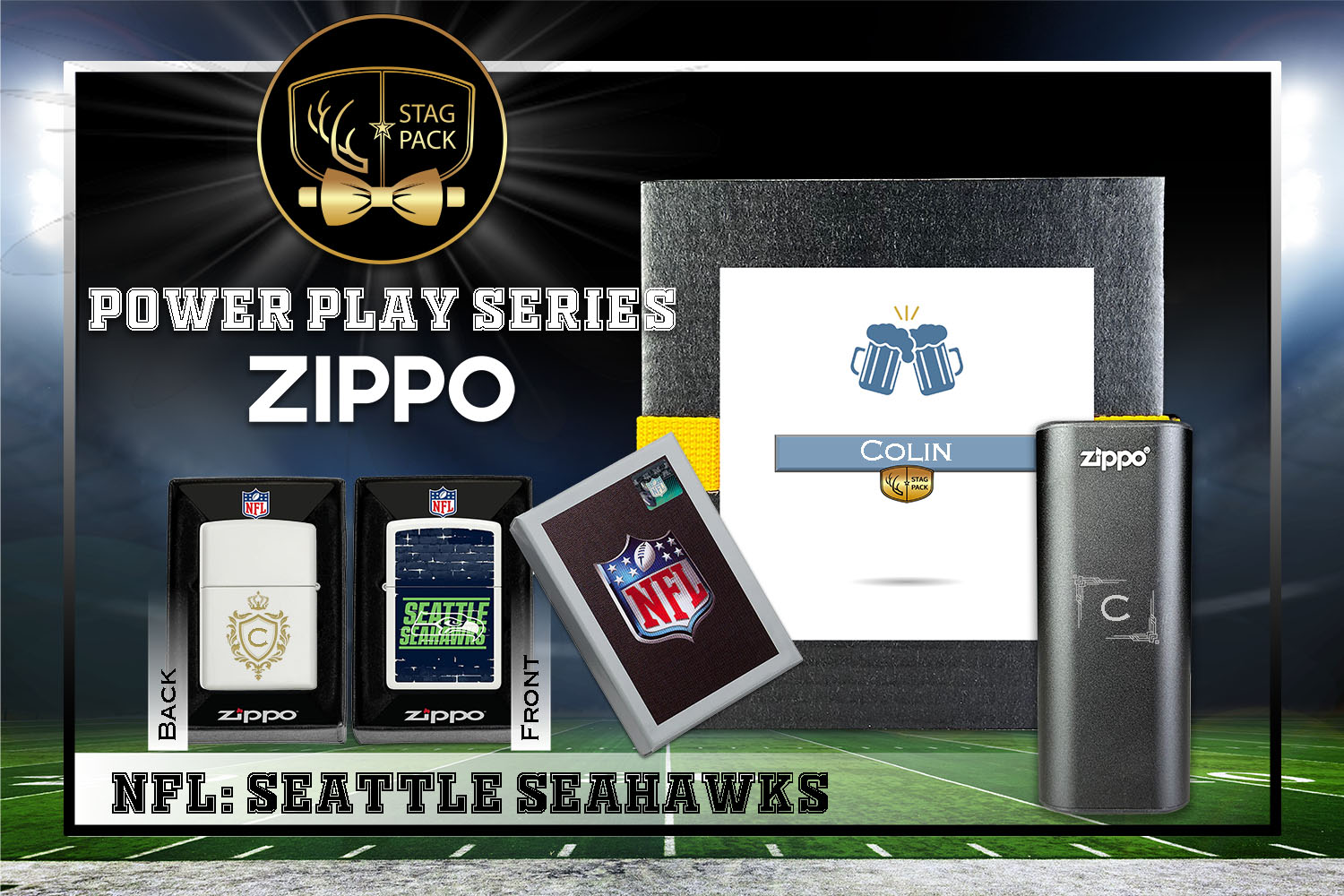 Custom Engraved Groomsmen Gift with NFL Zippo Windproof Lighter& Heatbank in a Personalized Gift Box.
