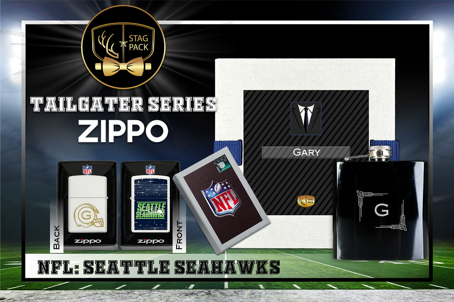 Custom Engraved Groomsmen Gift with Flask & Zippo Windproof Lighter in a Personalized Gift Box.