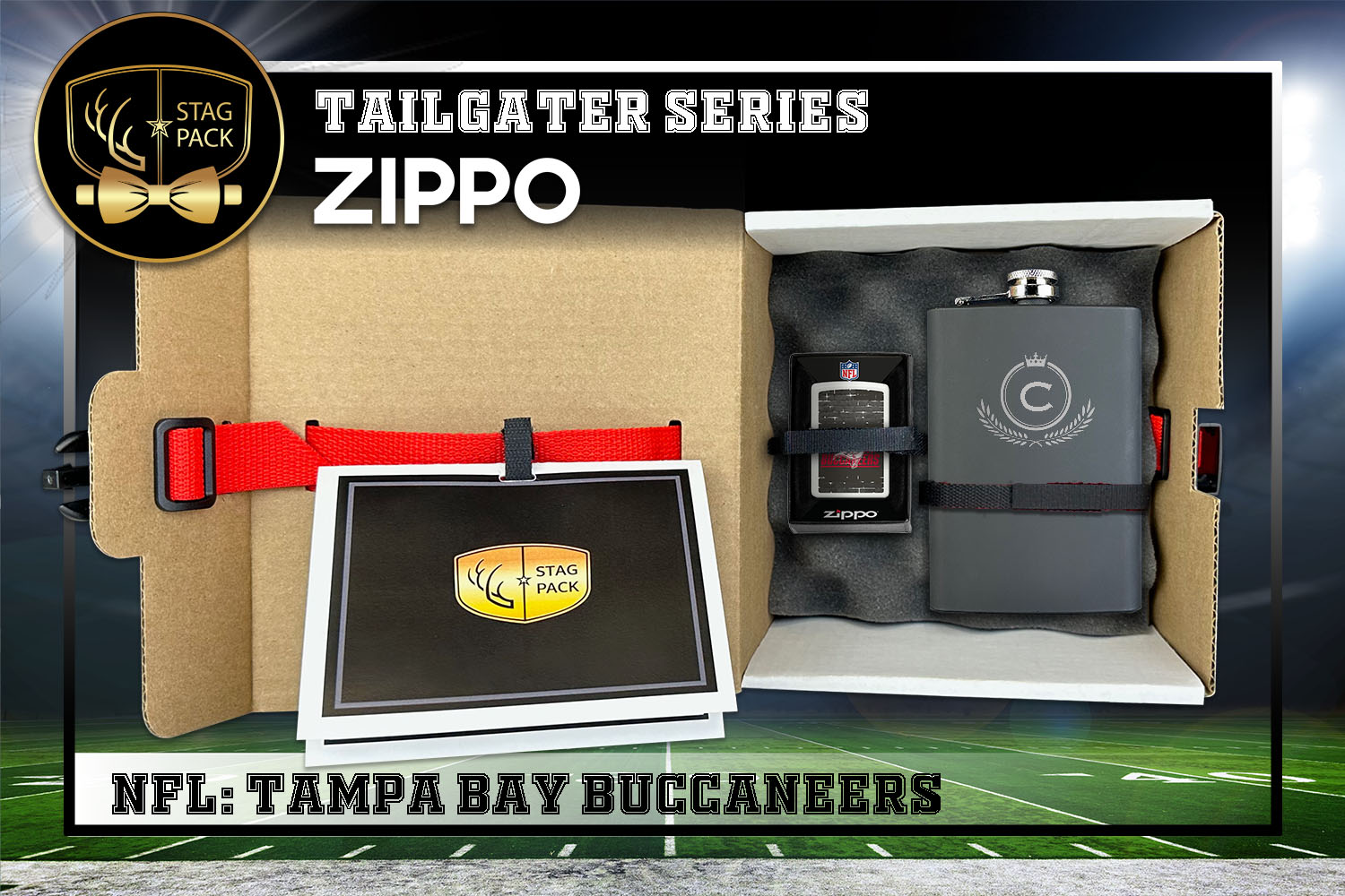 Custom Engraved Groomsmen Gift with Flask & Zippo packaged in a Personalized Gift Box with Message Card.