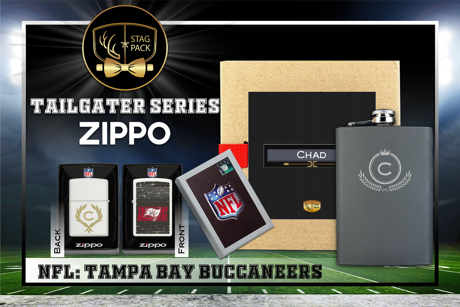 Custom Engraved Groomsmen Gift with Flask & Zippo Windproof Lighter in a Personalized Gift Box.