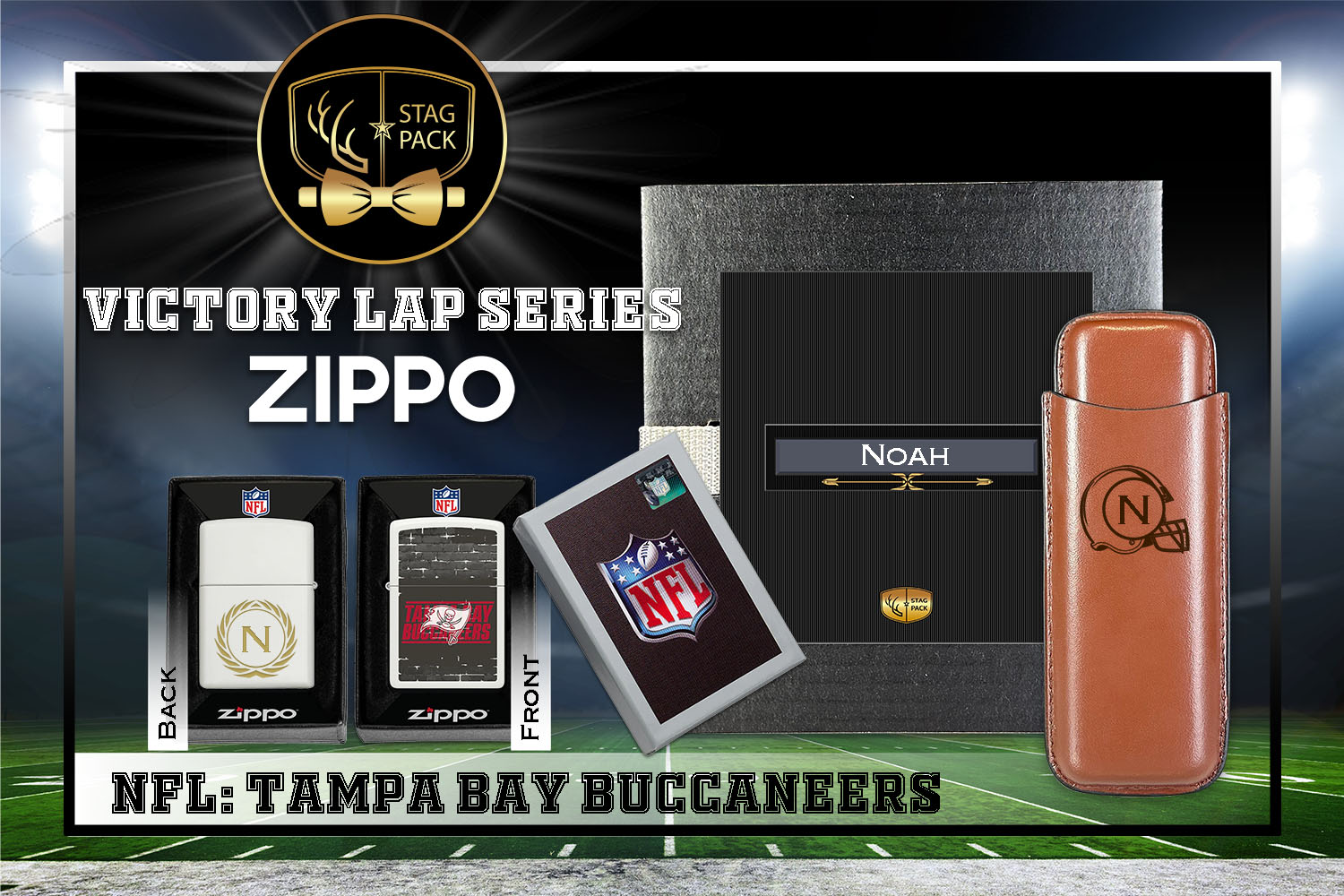 Custom Engraved Groomsmen Gift with Dual Sleeve Leather Cigar Case & Zippo Windproof Lighter in a Personalized Gift Box.