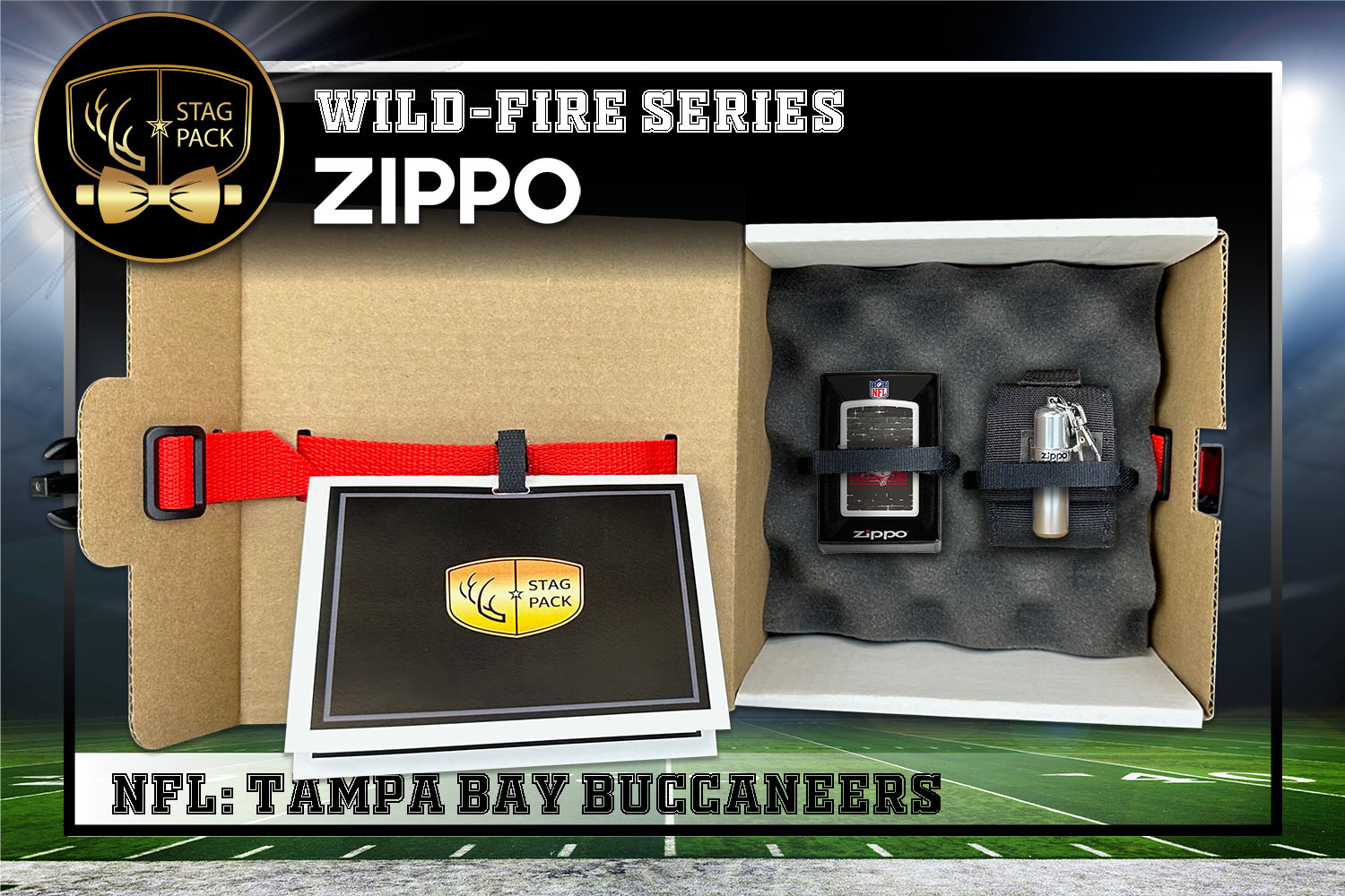 Custom Engraved Groomsmen Gift with NFL Windproof Zippo Lighter, a Fluid Canister and Pouch packaged in a Personalized Gift Box with a Message Card.