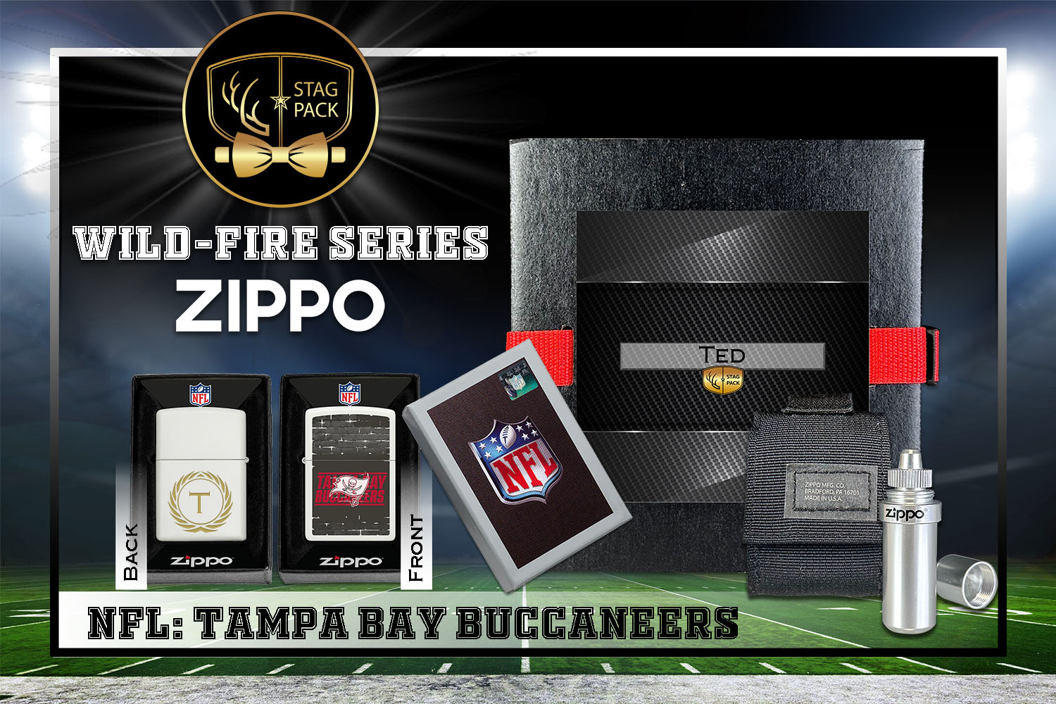 Custom Engraved Groomsmen Gift with NFL Windproof Zippo Lighter, a Fluid Canister and Pouch Gift-Pack in a Personalized Gift Box.
