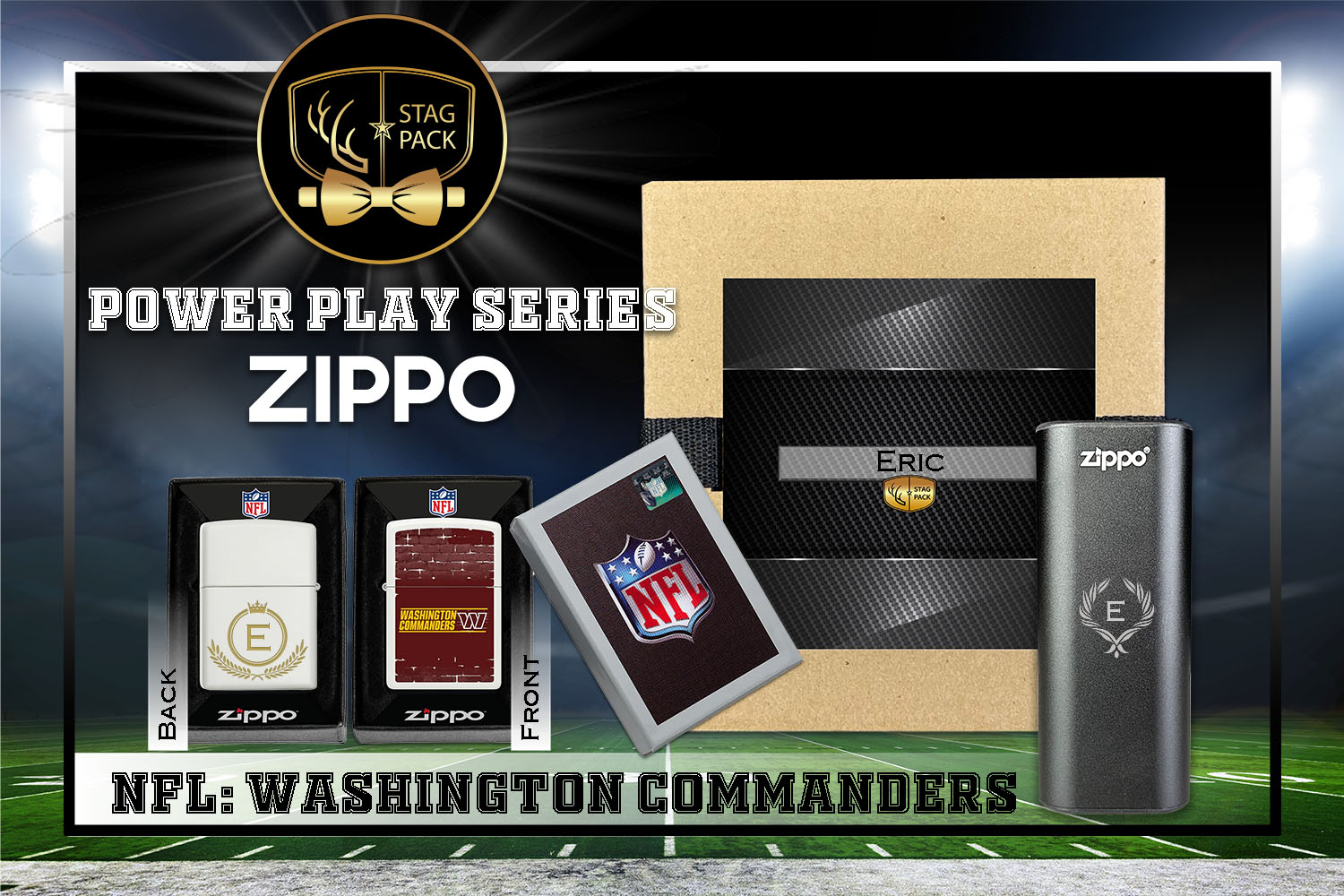 Custom Engraved Groomsmen Gift with NFL Zippo Windproof Lighter& Heatbank in a Personalized Gift Box.