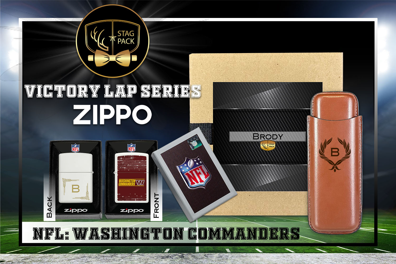 Custom Engraved Groomsmen Gift with Dual Sleeve Leather Cigar Case & Zippo Windproof Lighter in a Personalized Gift Box.