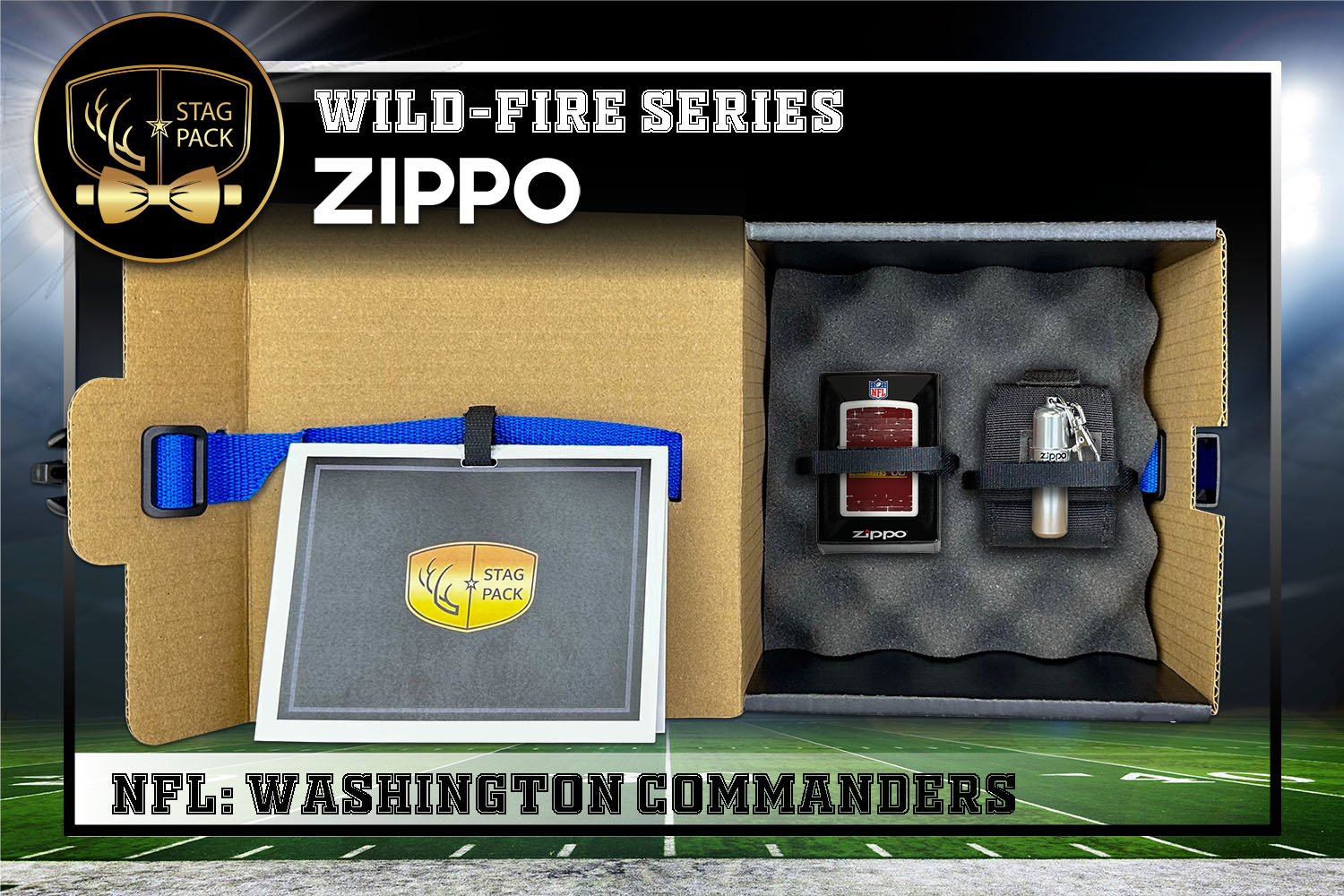 Custom Engraved Groomsmen Gift with NFL Windproof Zippo Lighter, a Fluid Canister and Pouch packaged in a Personalized Gift Box with a Message Card.