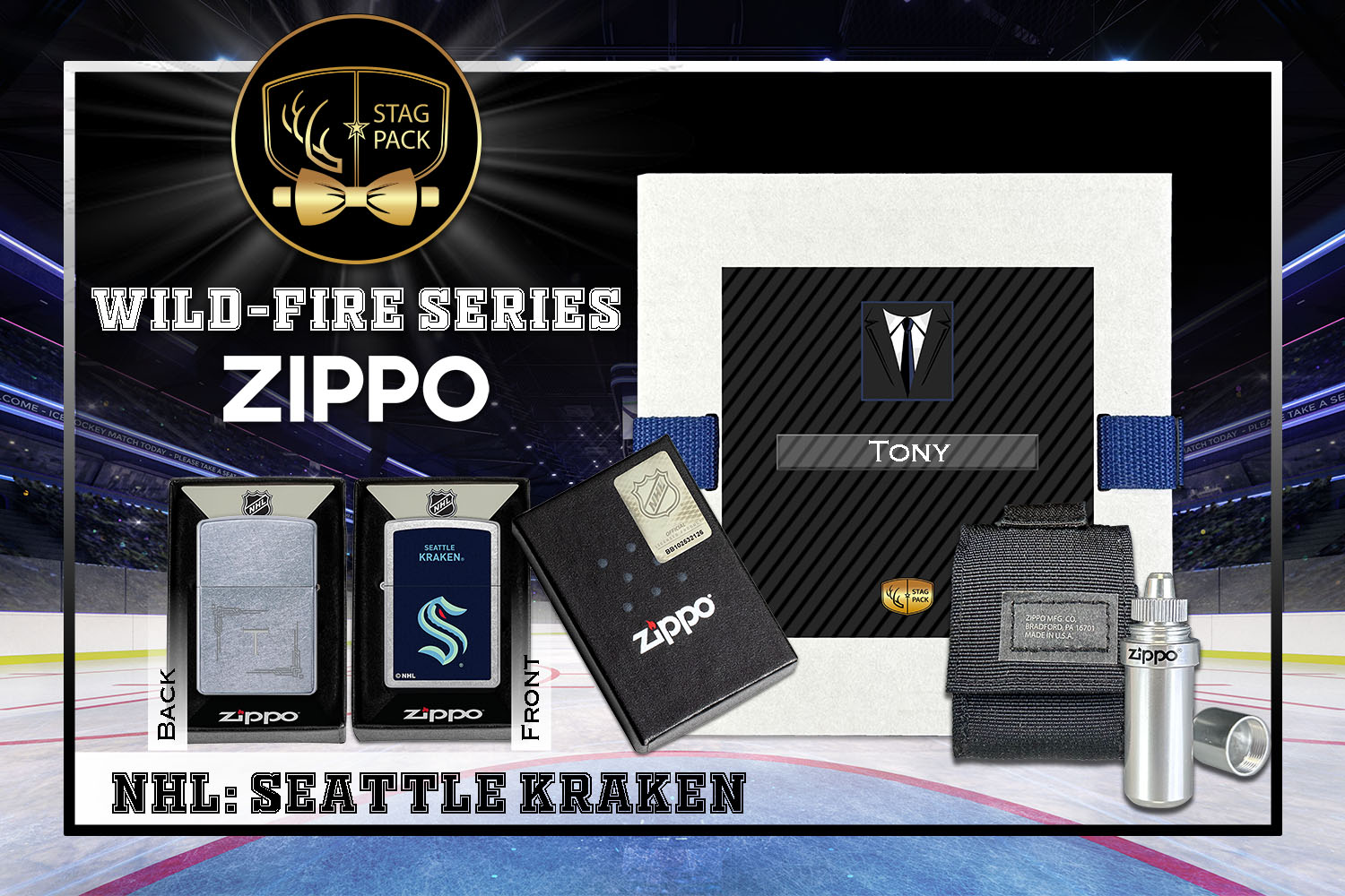 Custom Engraved Groomsmen Gift with NHL Windproof Zippo Lighter, a Fluid Canister and Pouch Gift-Pack in a Personalized Gift Box.