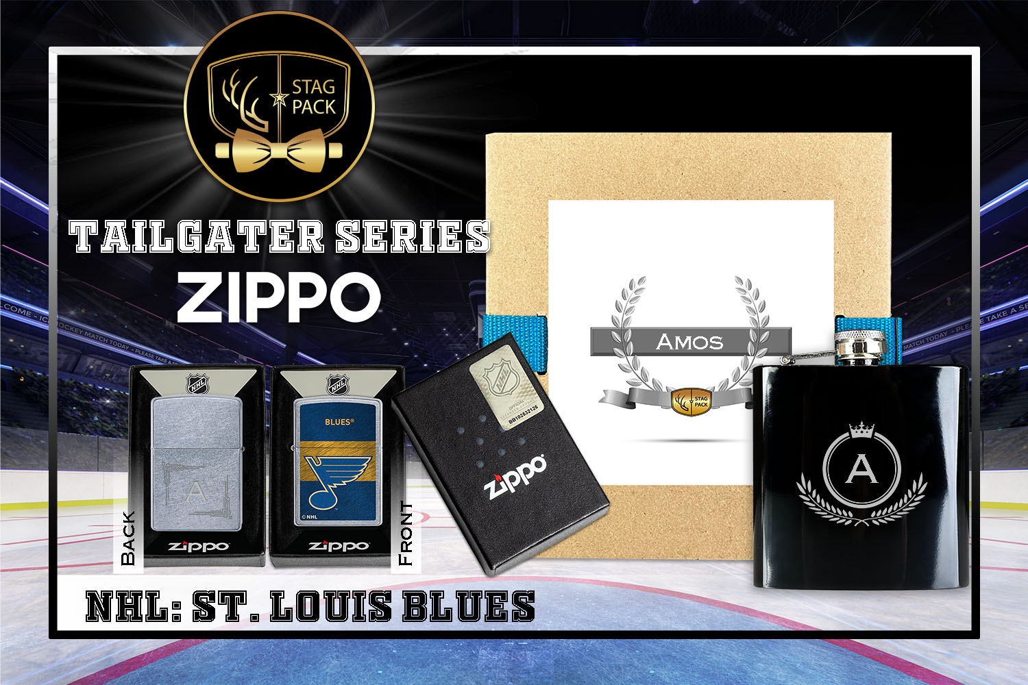 Custom Engraved Groomsmen Gift with Flask & Zippo packaged in a Personalized Gift Box with Message Card.