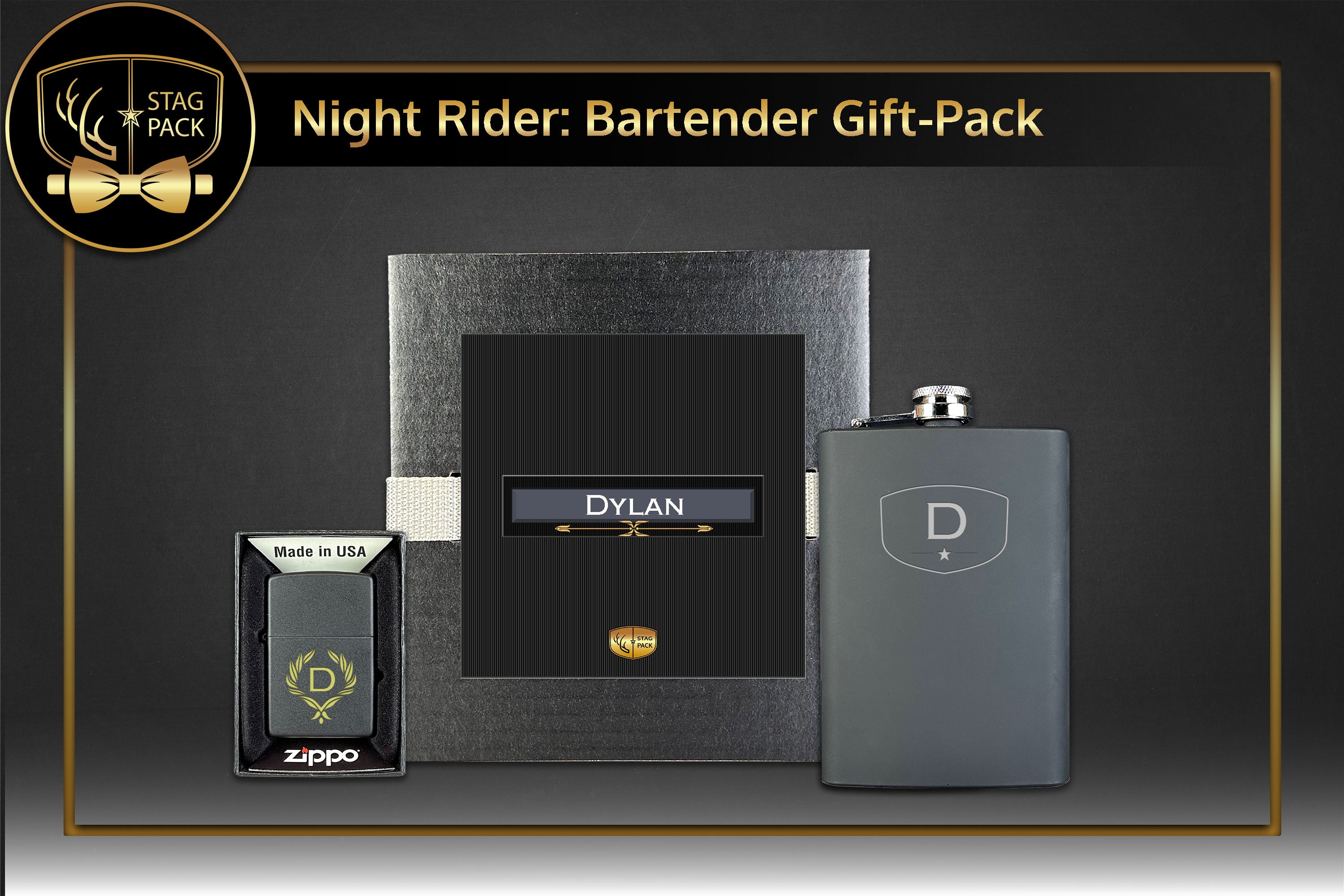 Custom Engraved Groomsmen Gift with Black Matte Flask & black matte Zippo Windproof Lighter in a Personalized Gift Box.