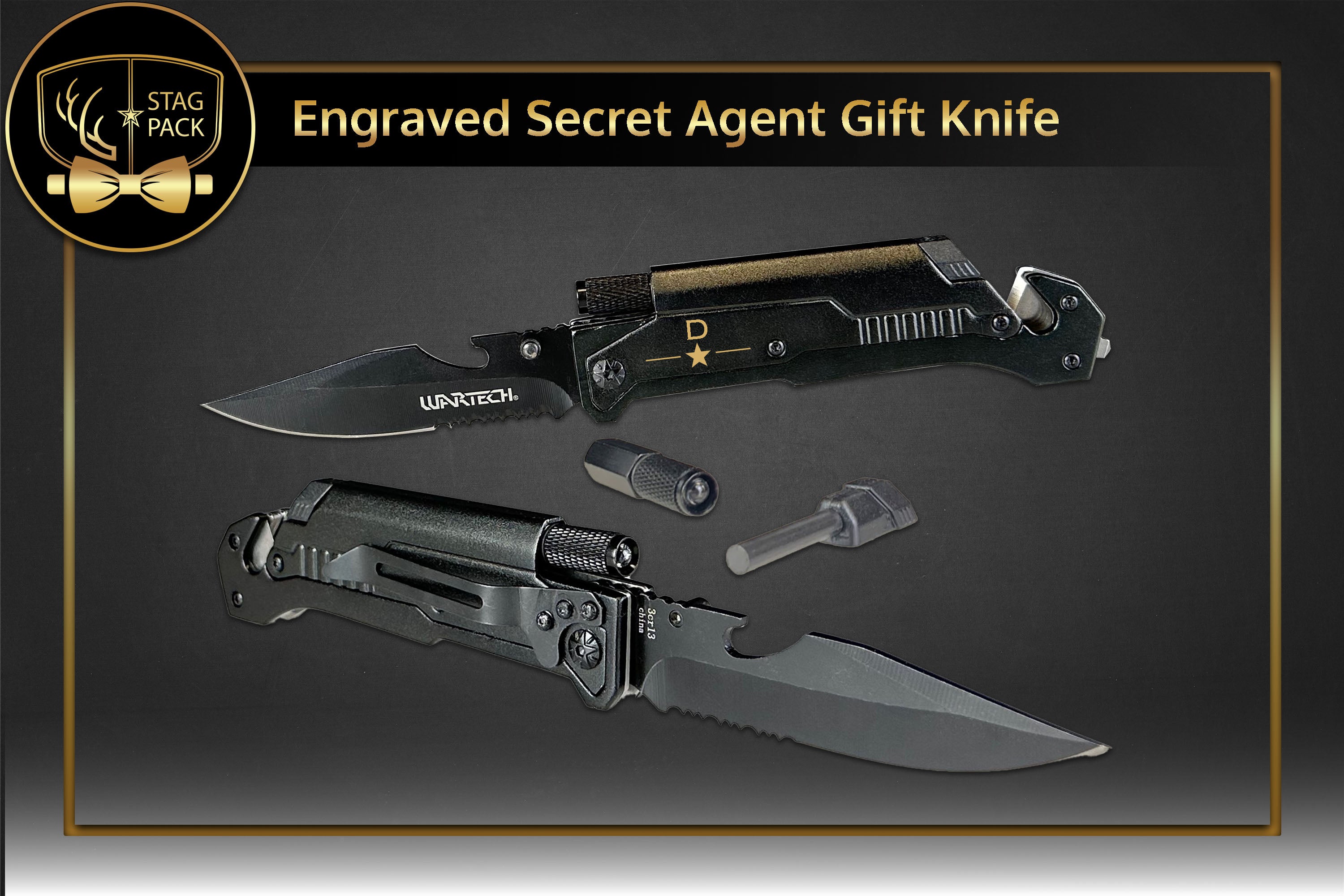 Stag custom engraved groomsmen solo gift includes a custom engraved Secret Agent Folding Knife. Free Shipping & Personalization!