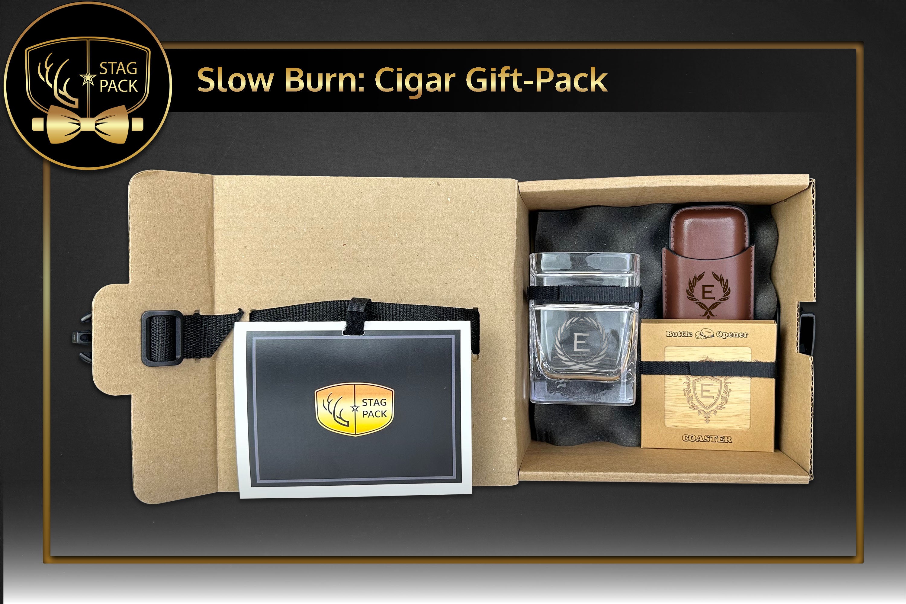 Slow Burn includes Custom Engraved Groomsmen Cigar Glass, Dual Sleeve Cigar Case, and Coaster Opener in a Personalized Gift Box with Message Card.