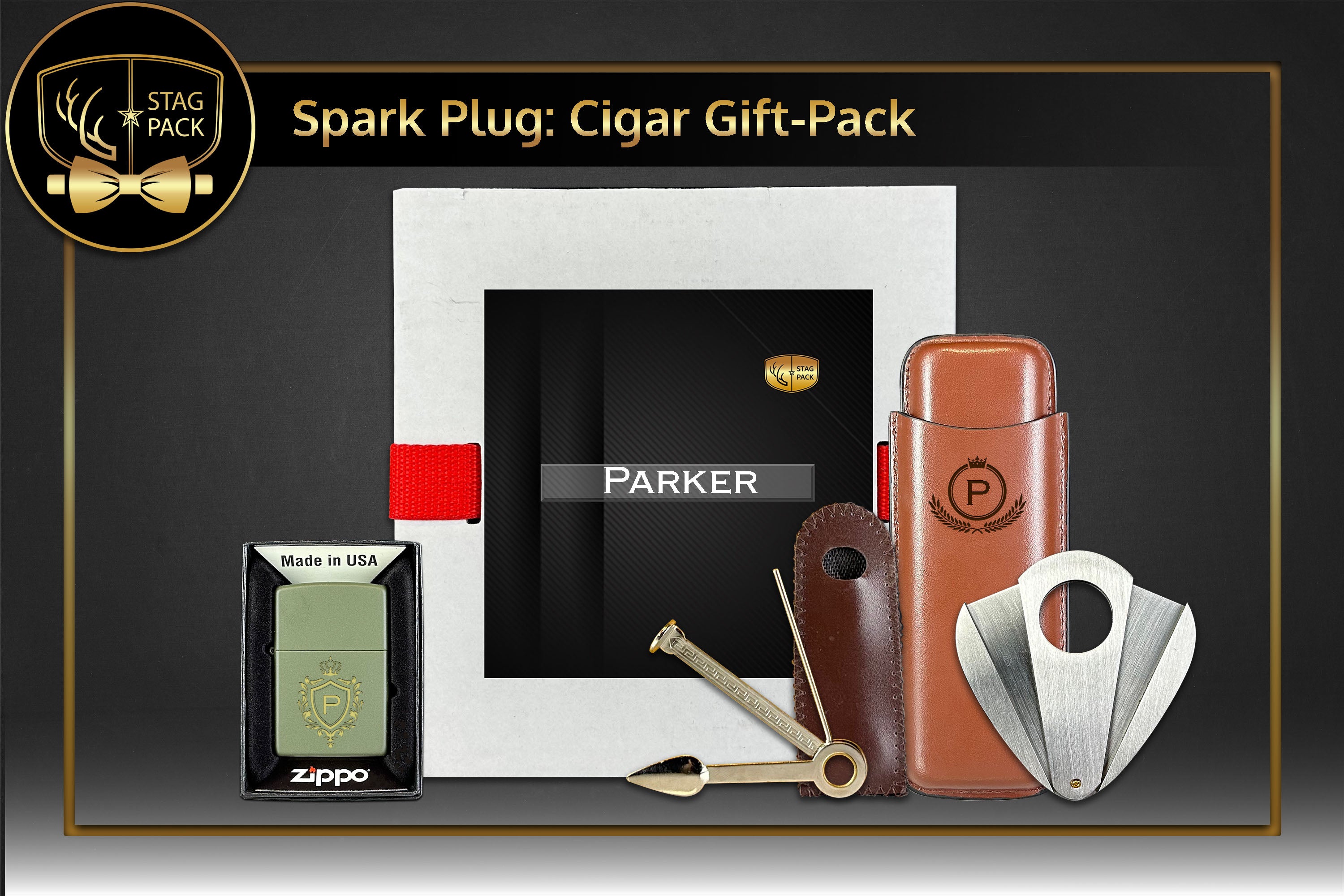 Custom Engraved Groomsmen Zippo and Dual Sleeve Cigar Case, Cigar Cutters and Smoke Tool in a Personalized Gift Box.