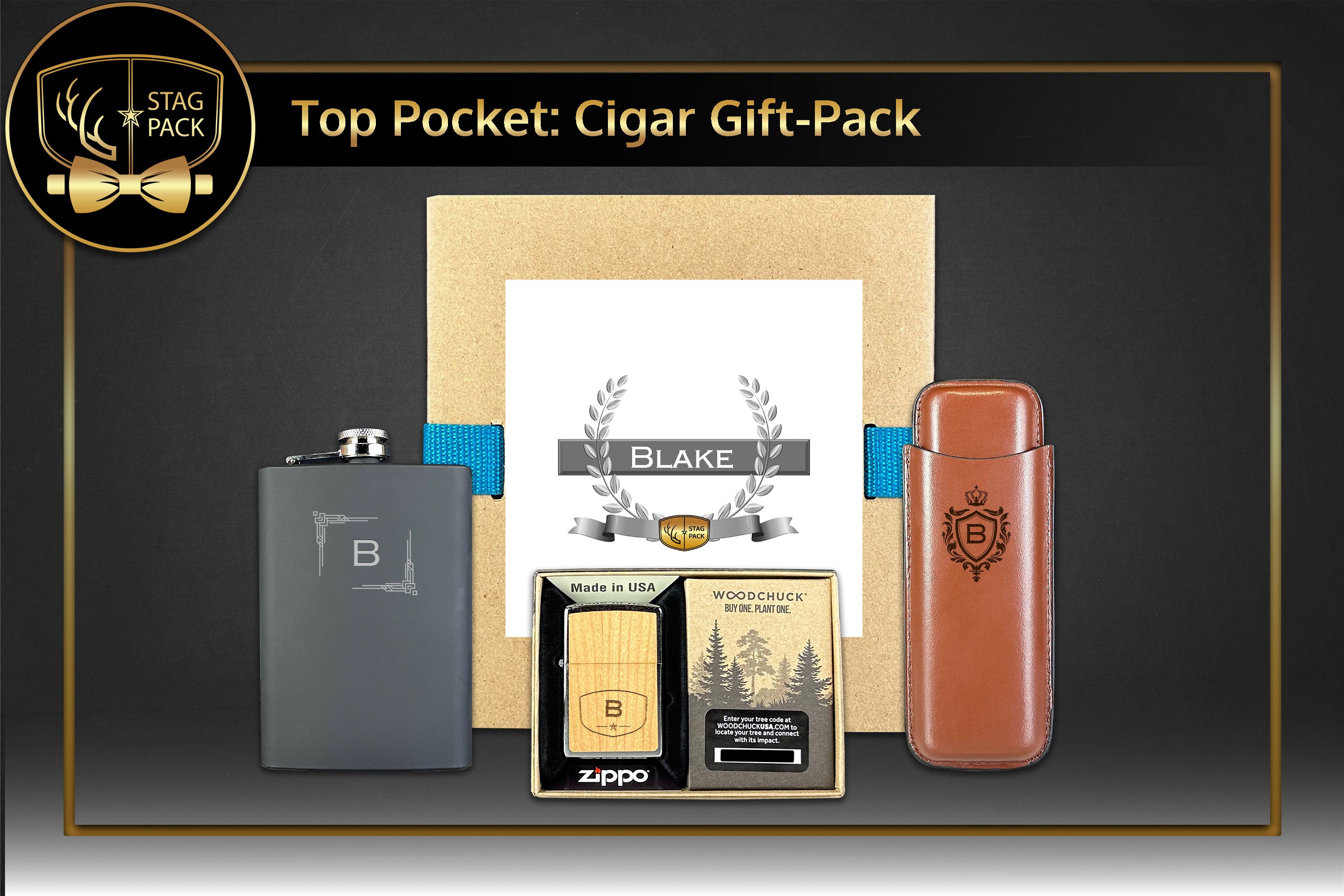 Stag Pack Custom Engraved Groomsmen Flask, Zippo and Dual Sleeve Cigar Case in a Personalized Gift Box.