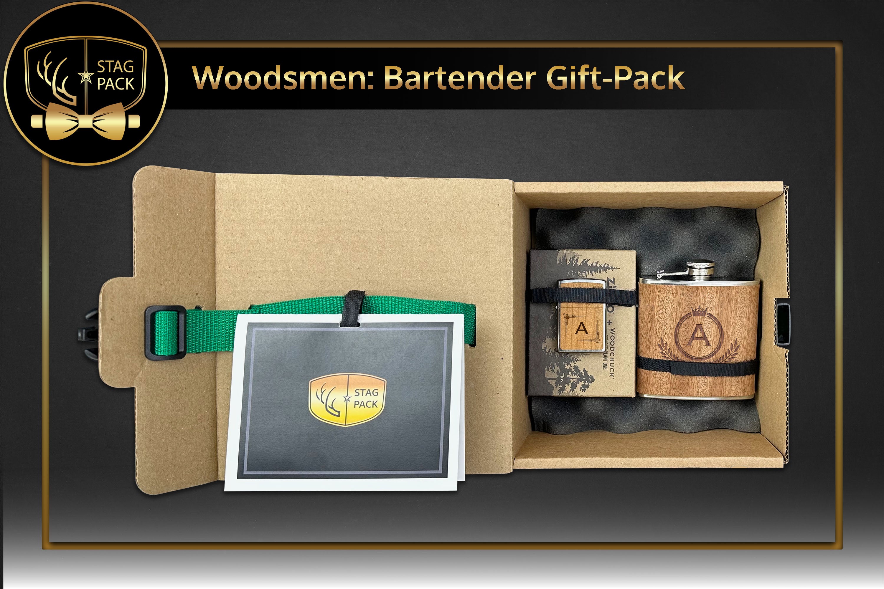 Custom Engraved Groomsmen Gift with Sapele Wood Flask & Cheery Wood Zippo Lighter packaged in a Personalized Gift Box with Message Card.