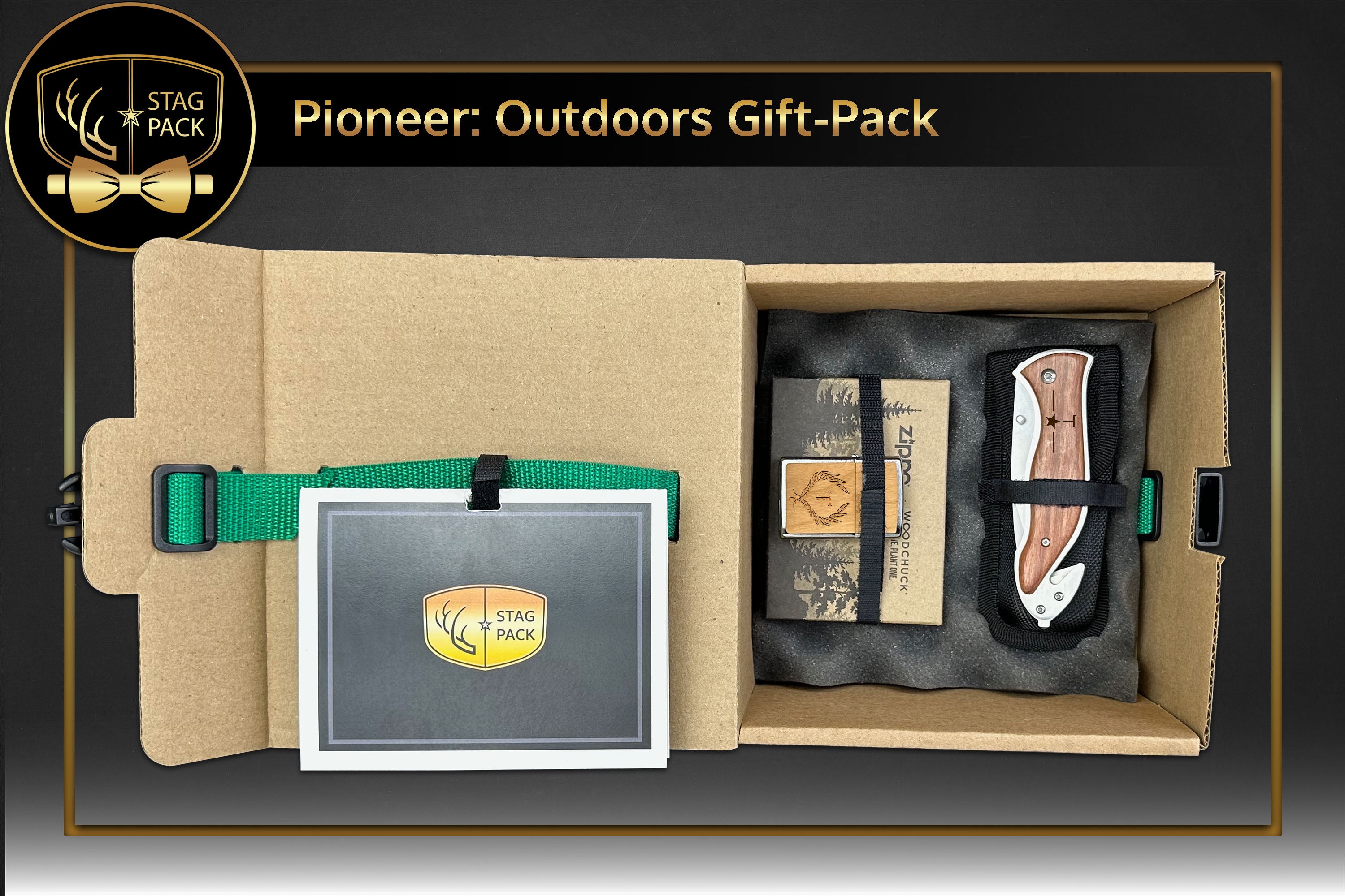 Stag Pack Custom Engraved Groomsmen Outdoors Zippo and Knife in a Personalized Gift Box with Message Card.