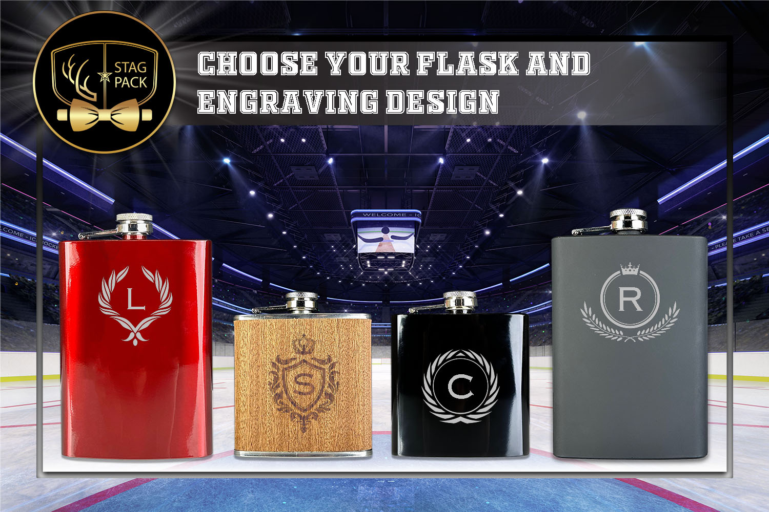 Custom Engraved Groomsmen Gift Candy Red, Matte Black, Piano Black, & Sapele Wood flasks for engraving.