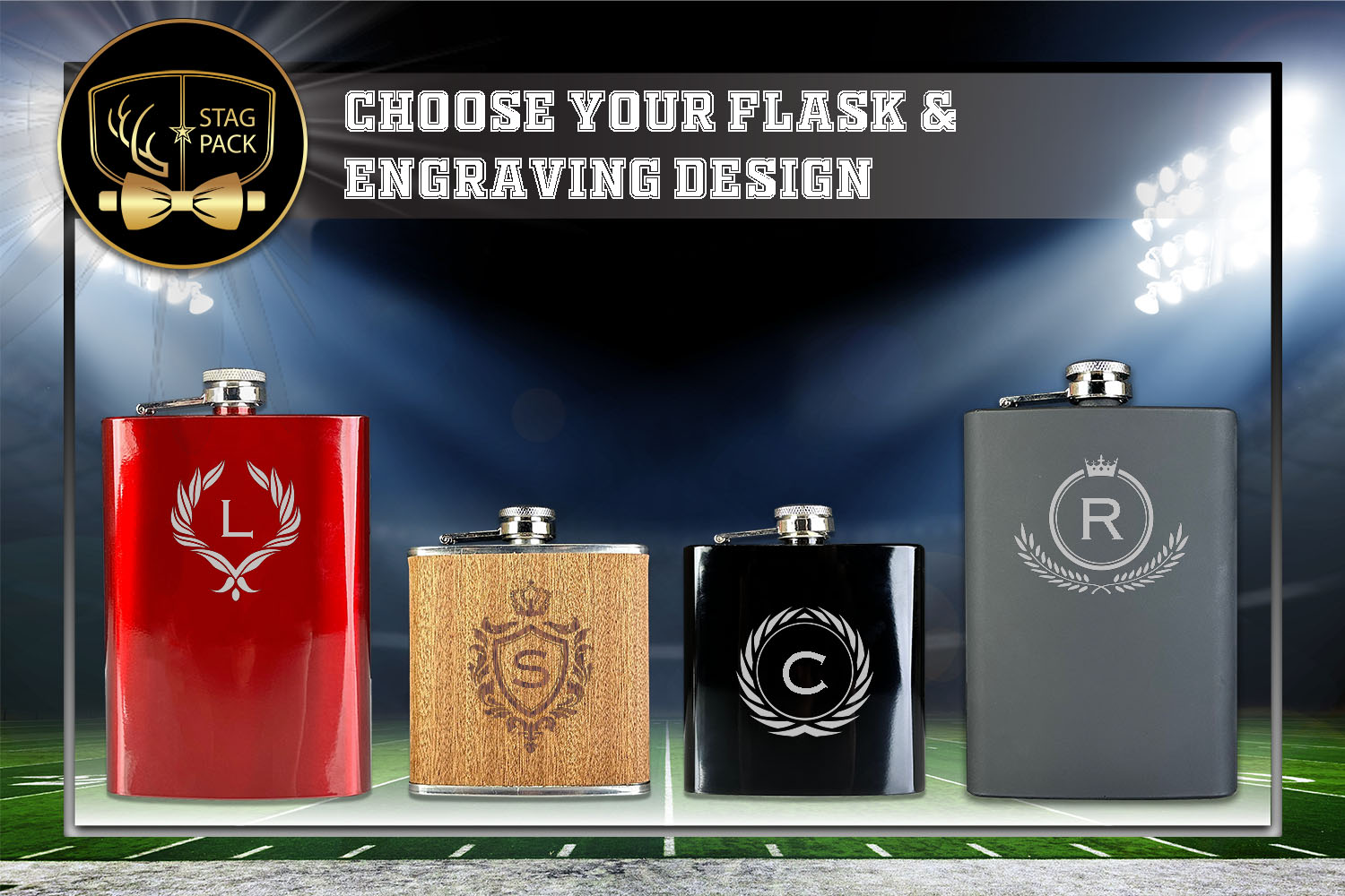 Custom Engraved Groomsmen Gift Candy Red, Matte Black, Piano Black, & Sapele Wood flasks for engraving.