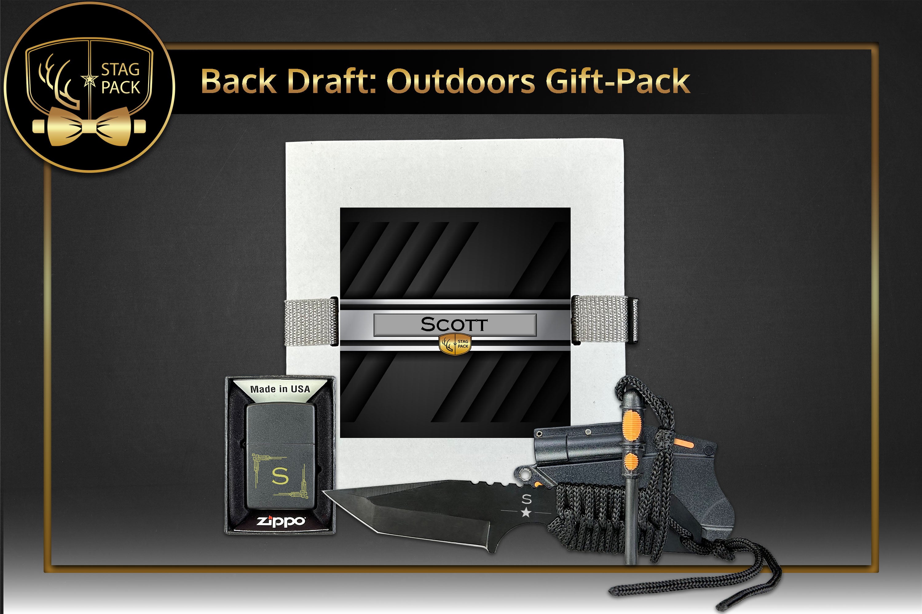 Stag Pack Custom Engraved Zippo Lighter with Survivor Knife Groomsmen Gift in a Personalized Gift Box. Shipping & Personalization Included.