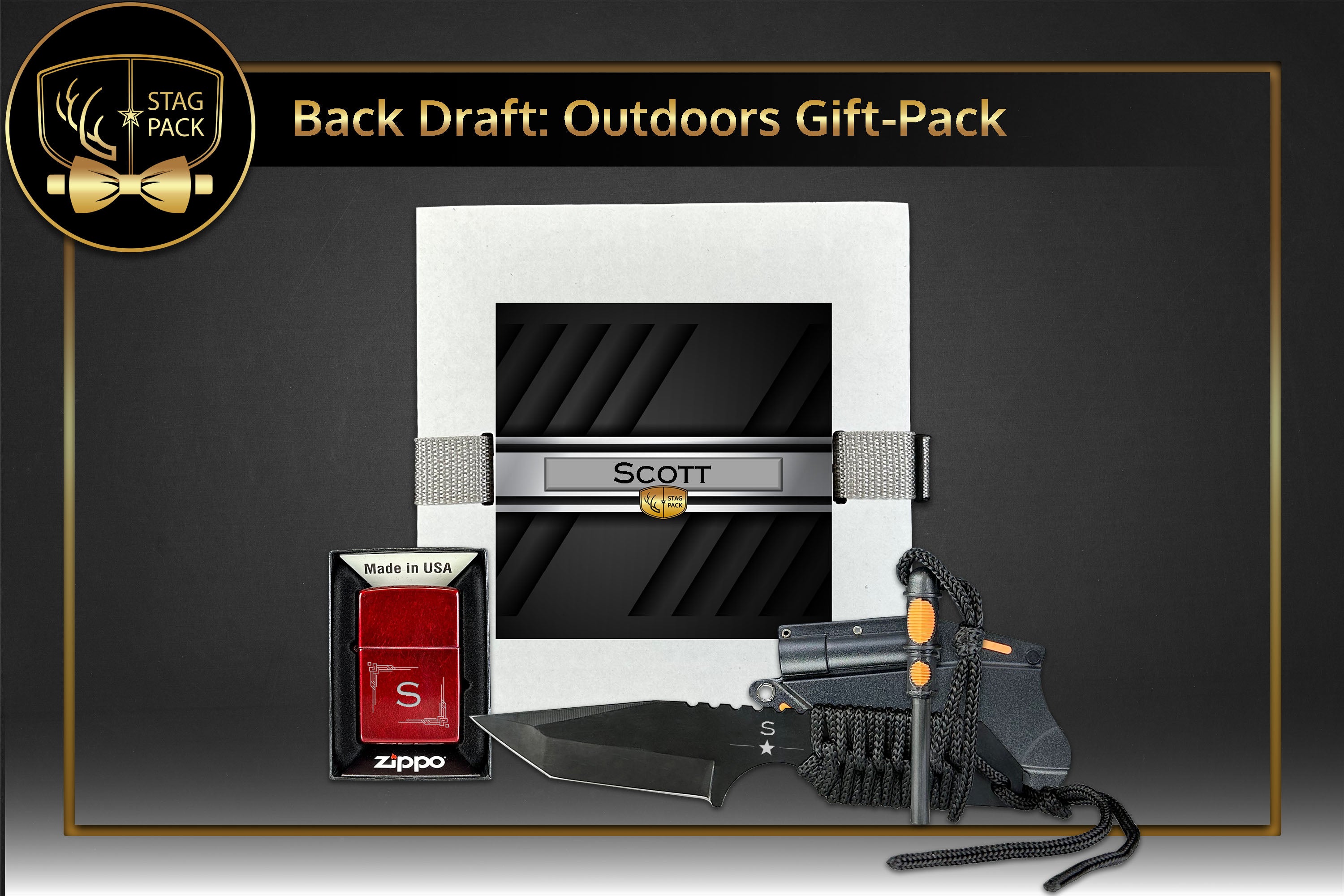 Stag Pack Custom Engraved Zippo Lighter with Survivor Knife Groomsmen Gift in a Personalized Gift Box. Shipping & Personalization Included.