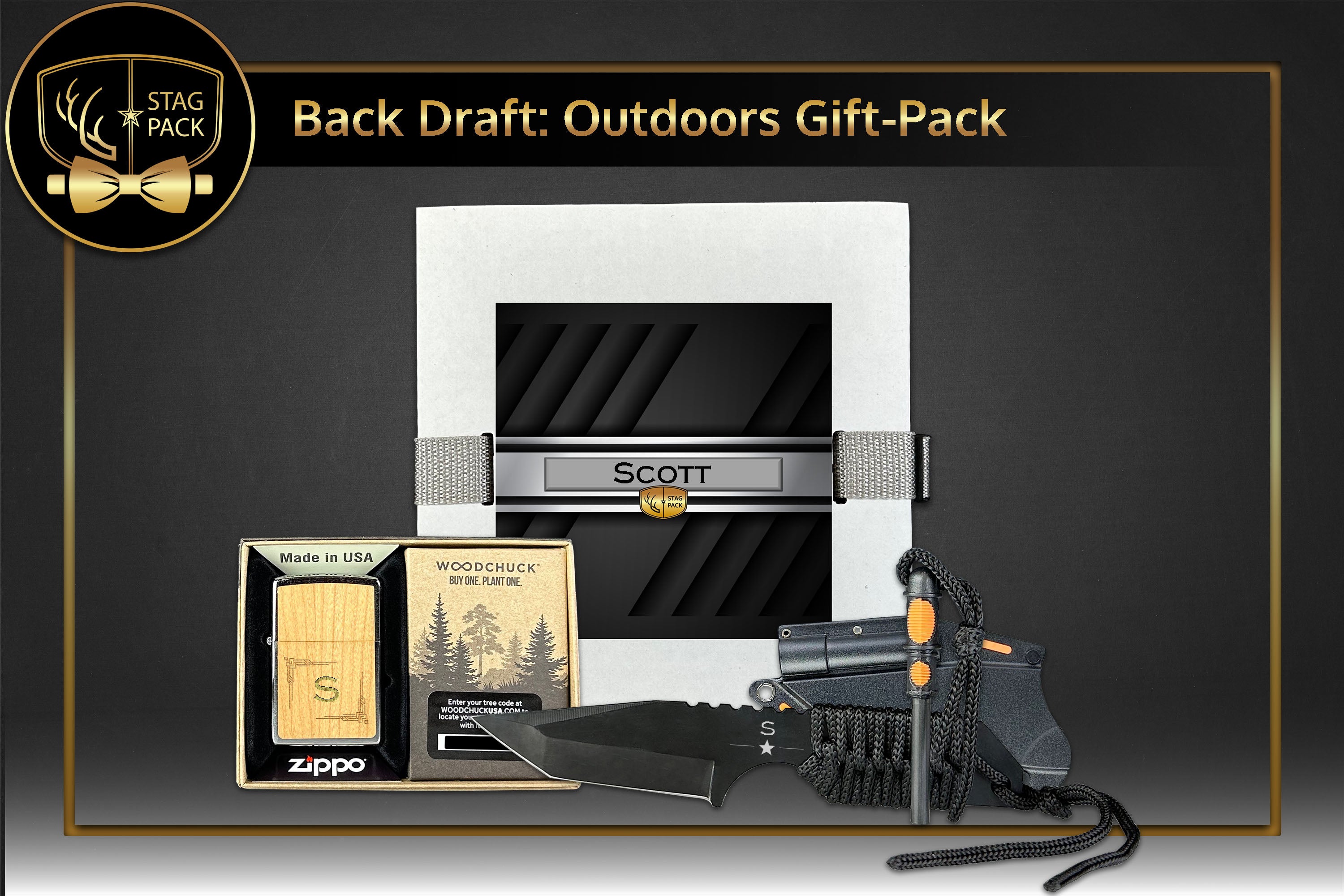 Stag Pack Custom Engraved Zippo Lighter with Survivor Knife Groomsmen Gift in a Personalized Gift Box. Shipping & Personalization Included.