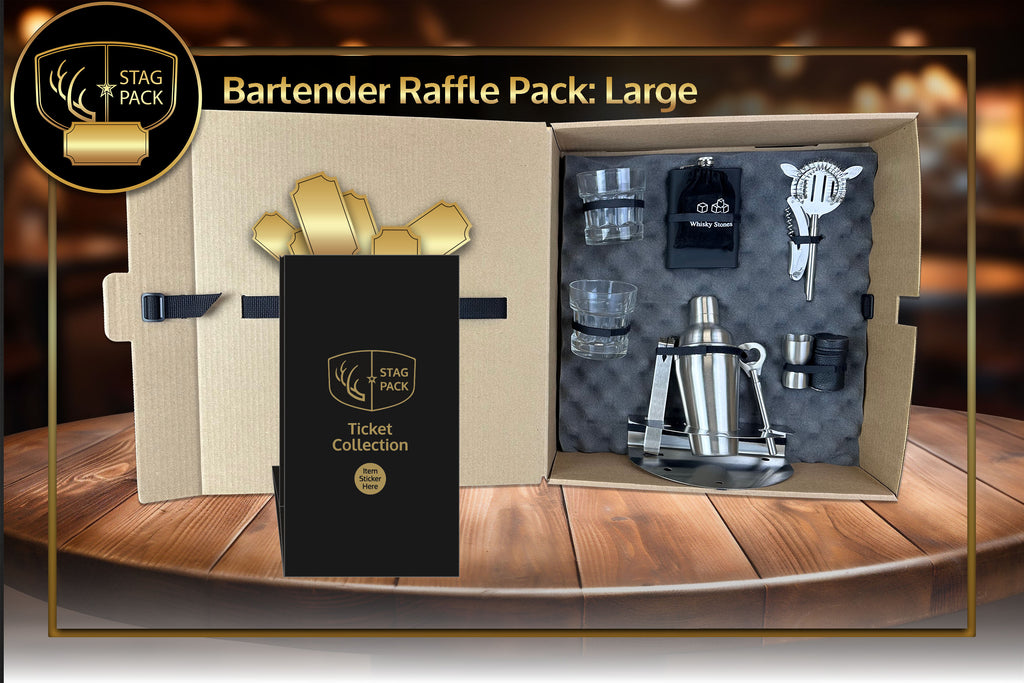Bartender Raffle Pack includes Matte Black Flask, Glasses and Shot set, Bar set, and Whiskey Stones in a Easy display Raffle Pack Box.