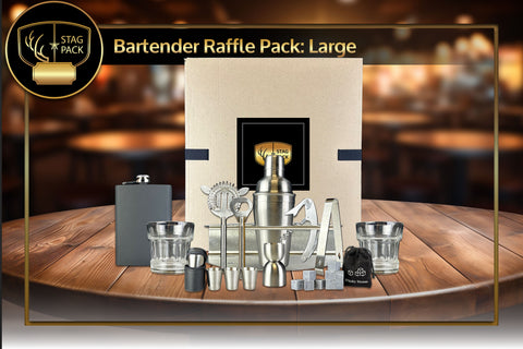 Bartender Raffle Pack includes Matte Black Flask, Glasses and Shot set, Bar set, and Whiskey Stones in a stand-up display Raffle Pack Box.