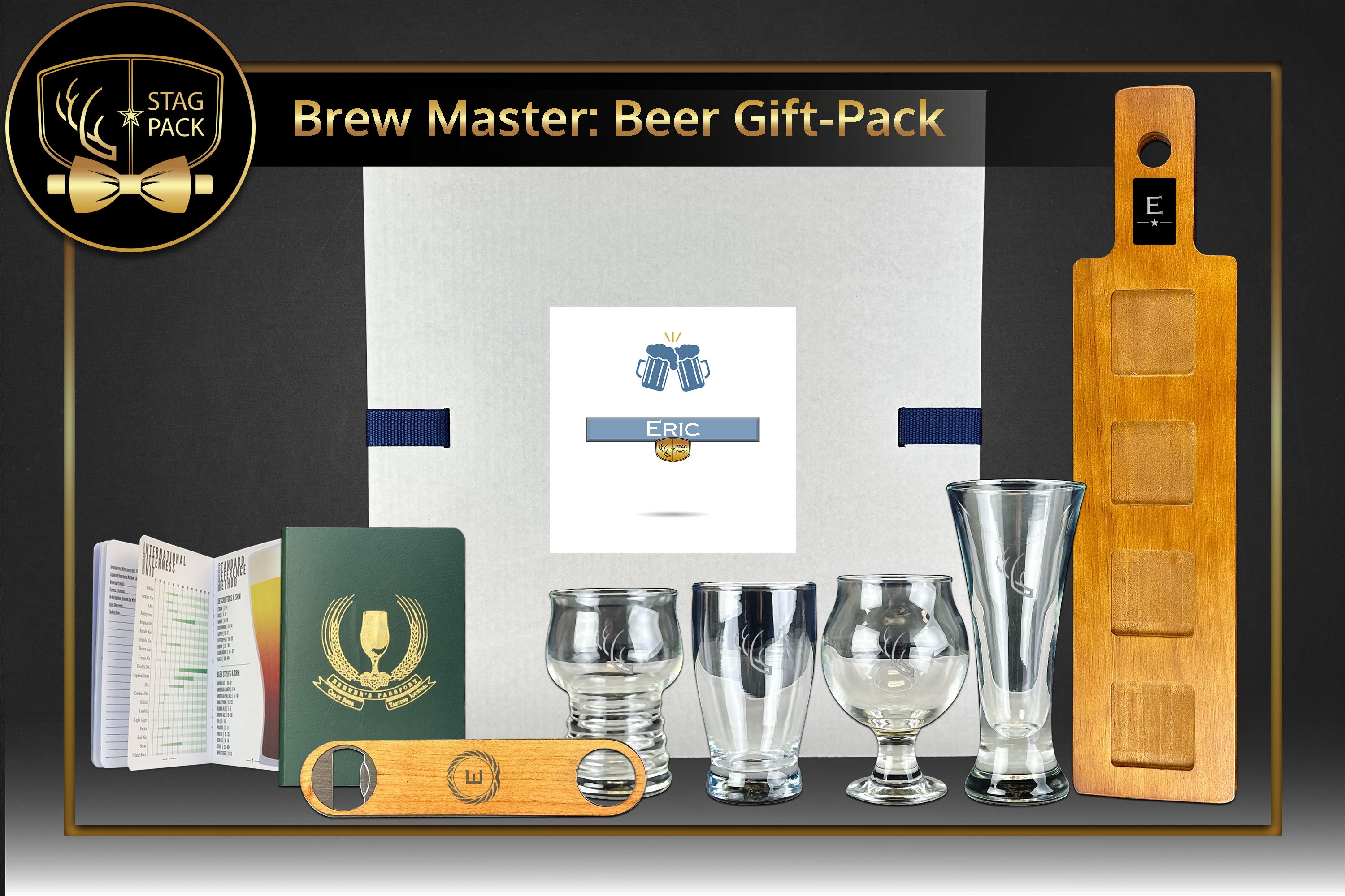 Custom Engraved Groomsmen Gift with Beer Flight Glasses, Sample Paddle, Bottle Opener, Journal in a Personalized Gift Box.