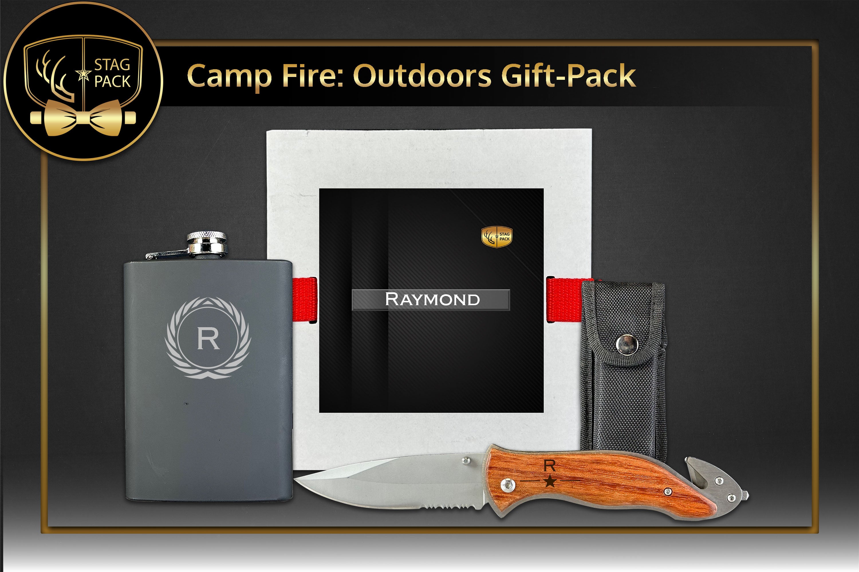 Stag Pack Custom Engraved Groomsmen Outdoors Flask and Knife in a Personalized Gift Box.