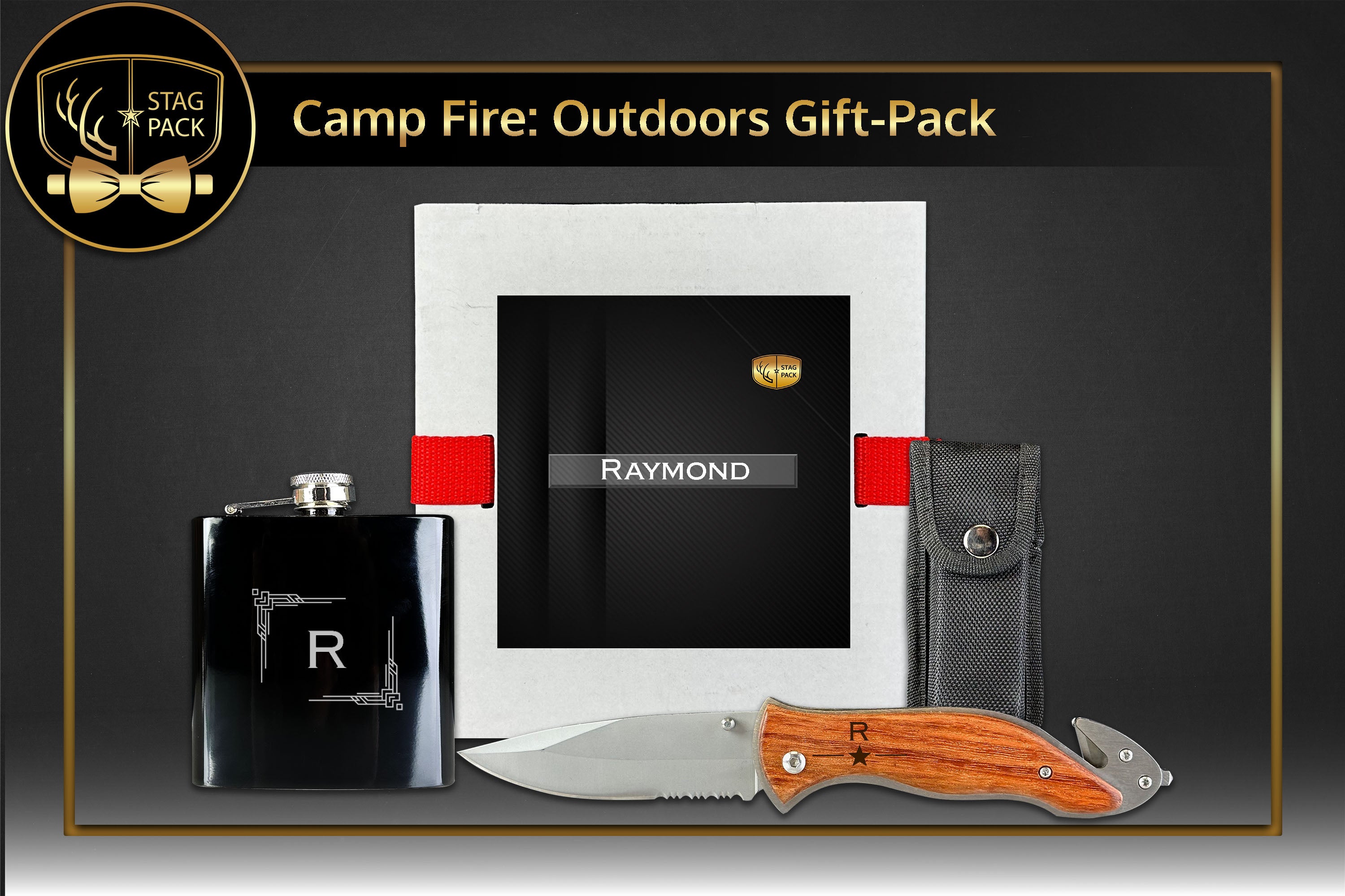 Stag Pack Custom Engraved Groomsmen Outdoors Flask and Knife in a Personalized Gift Box.