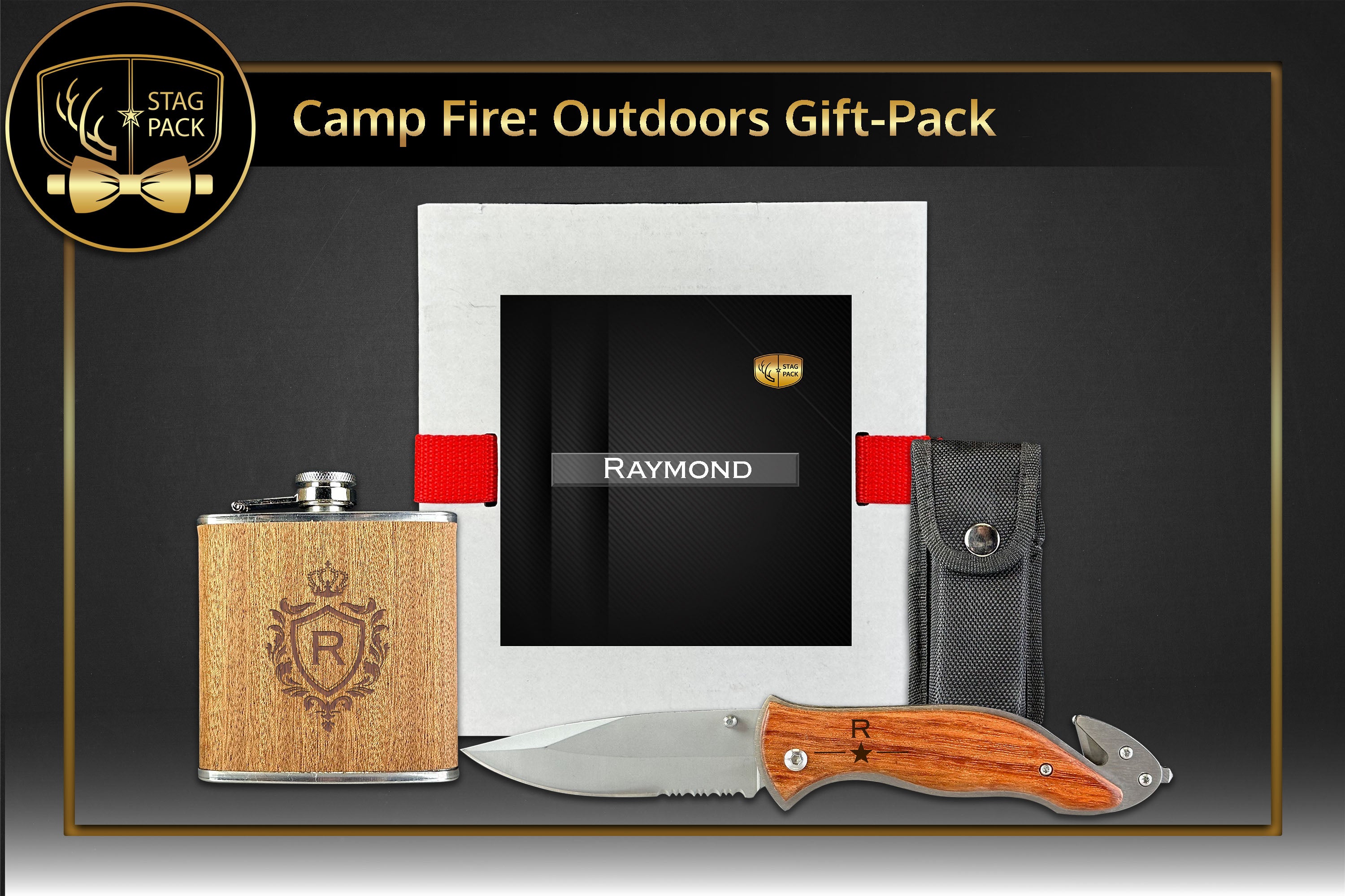 Stag Pack Custom Engraved Groomsmen Outdoors Flask and Knife in a Personalized Gift Box.