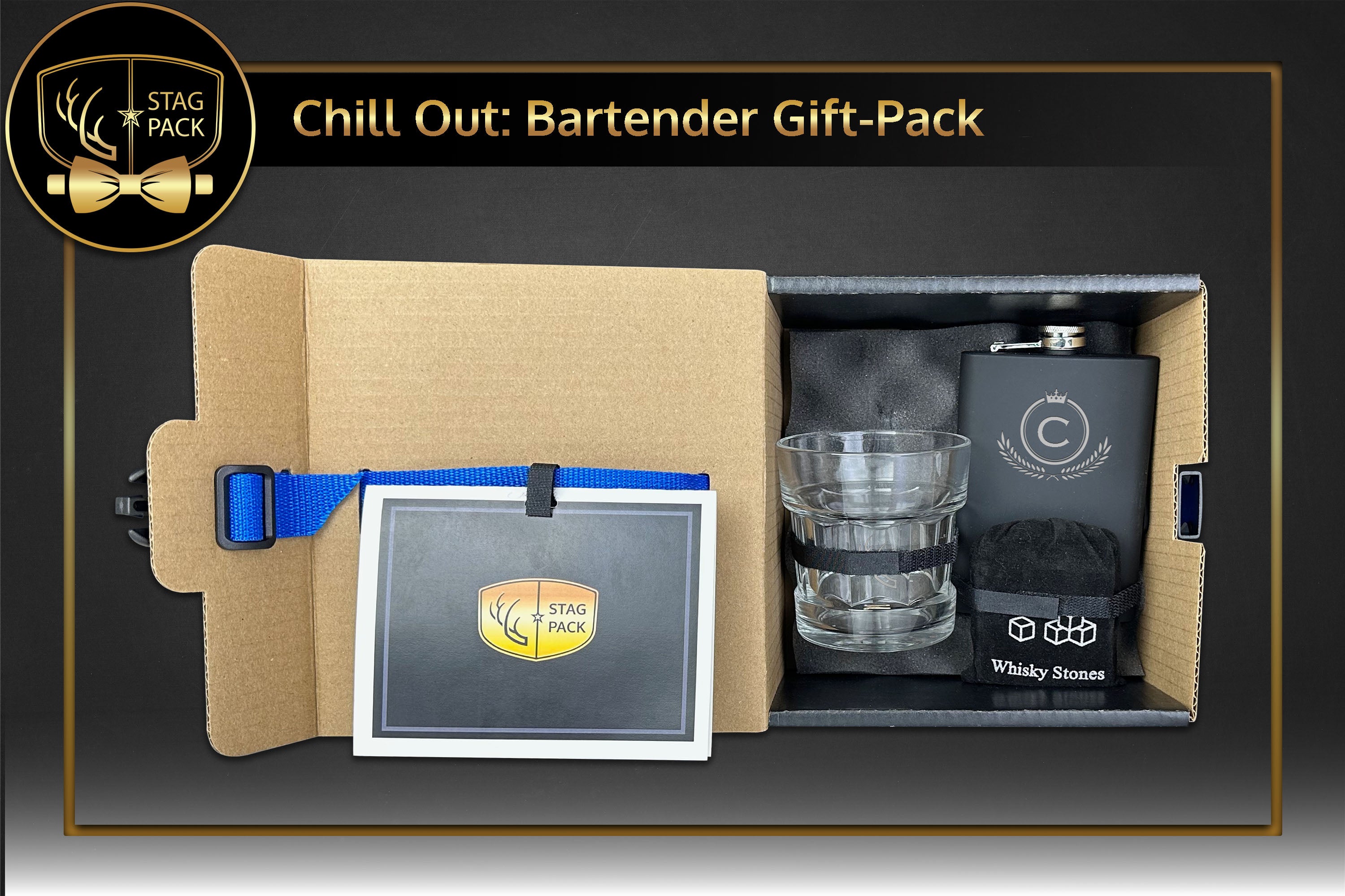 Groomsmen Gift includes Engraved Flask a 9oz Glass and Whiskey Stones in a Personalized Gift Box with Message Card.