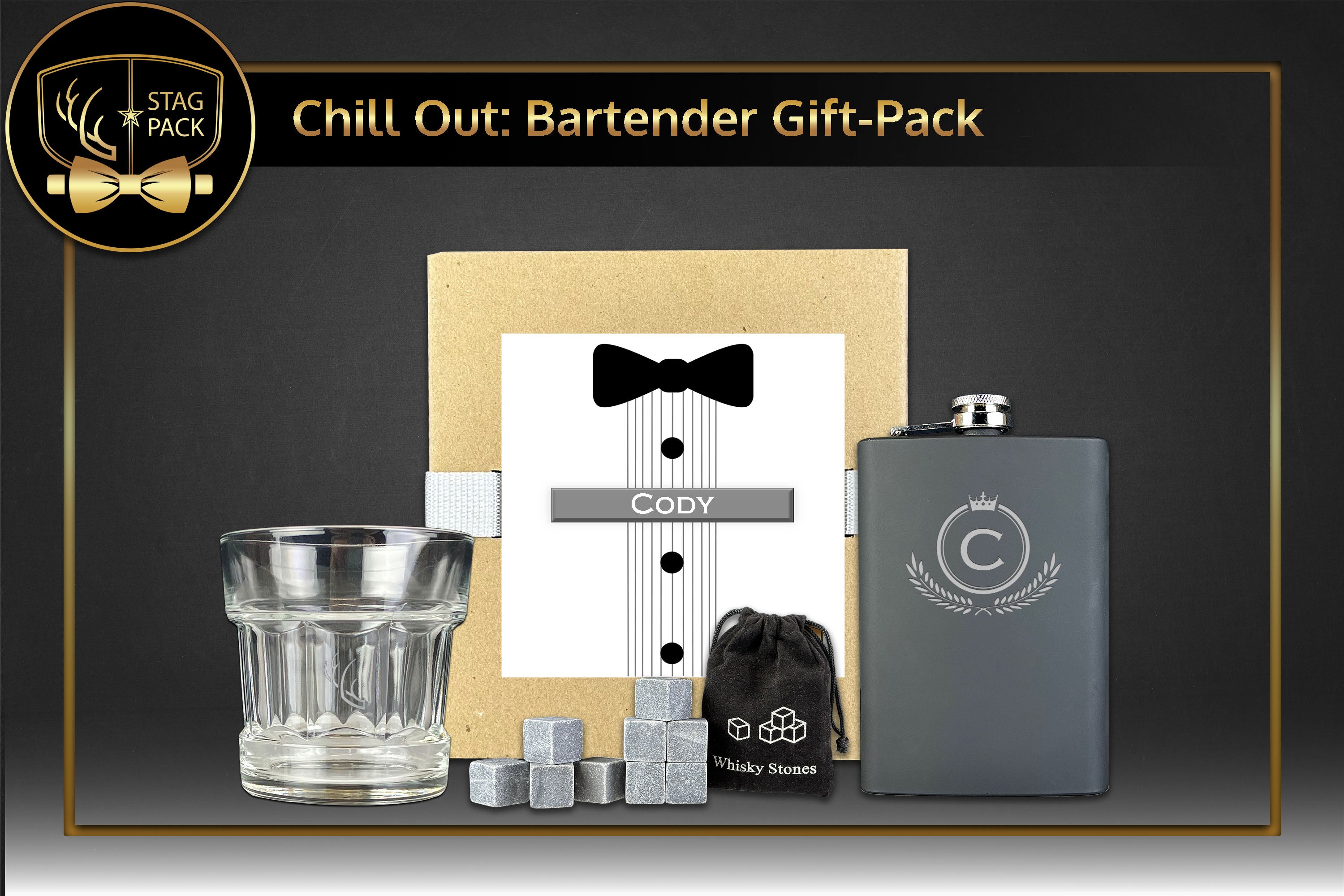 Groomsmen Gift includes Engraved Flask a 9oz Glass and Whiskey Stones in a Personalized Gift Box with Message Card.