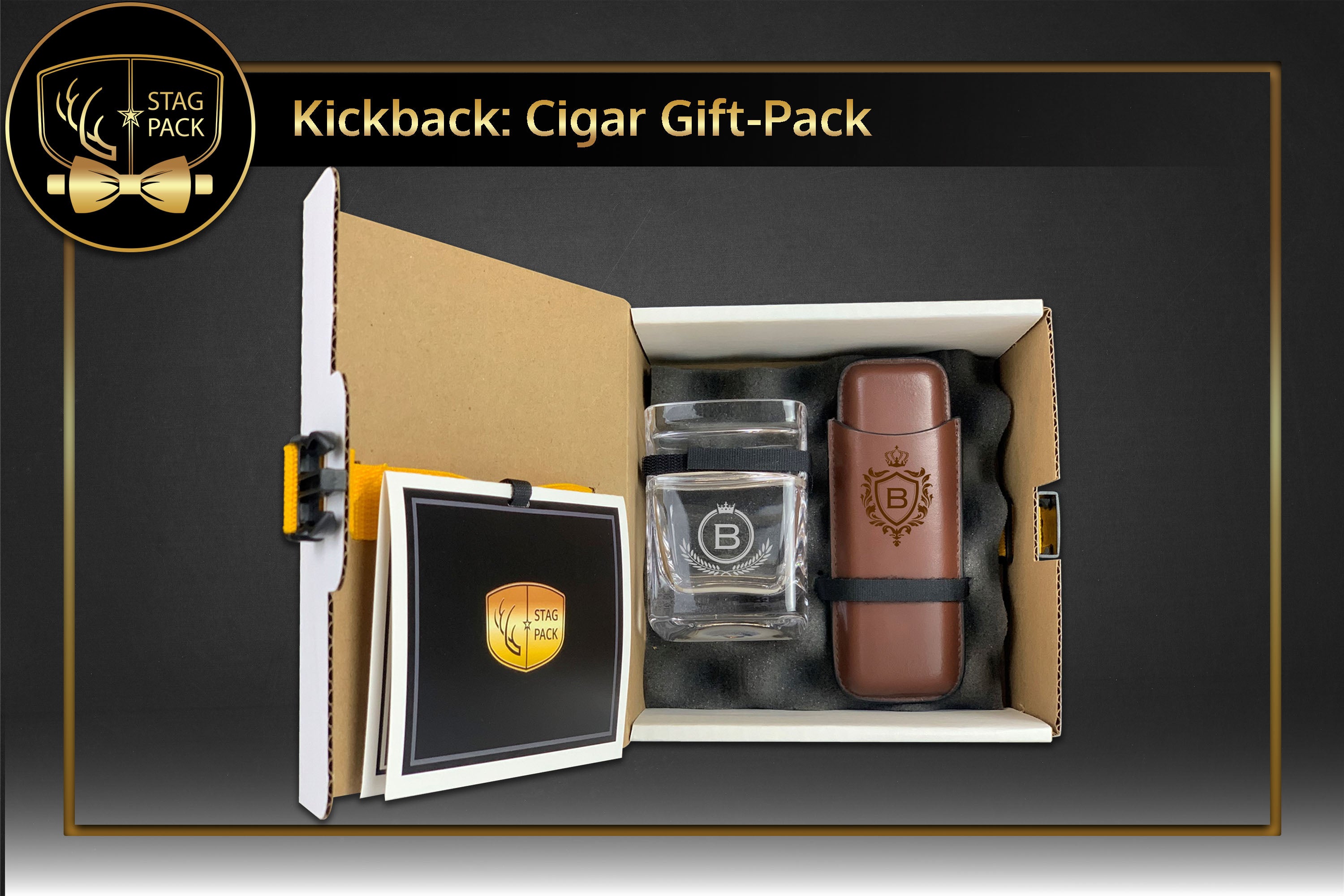 Kickback includes Custom Engraved Groomsmen Cigar Glass and Dual Sleeve Cigar Case in a Personalized Gift Box with Message Card.